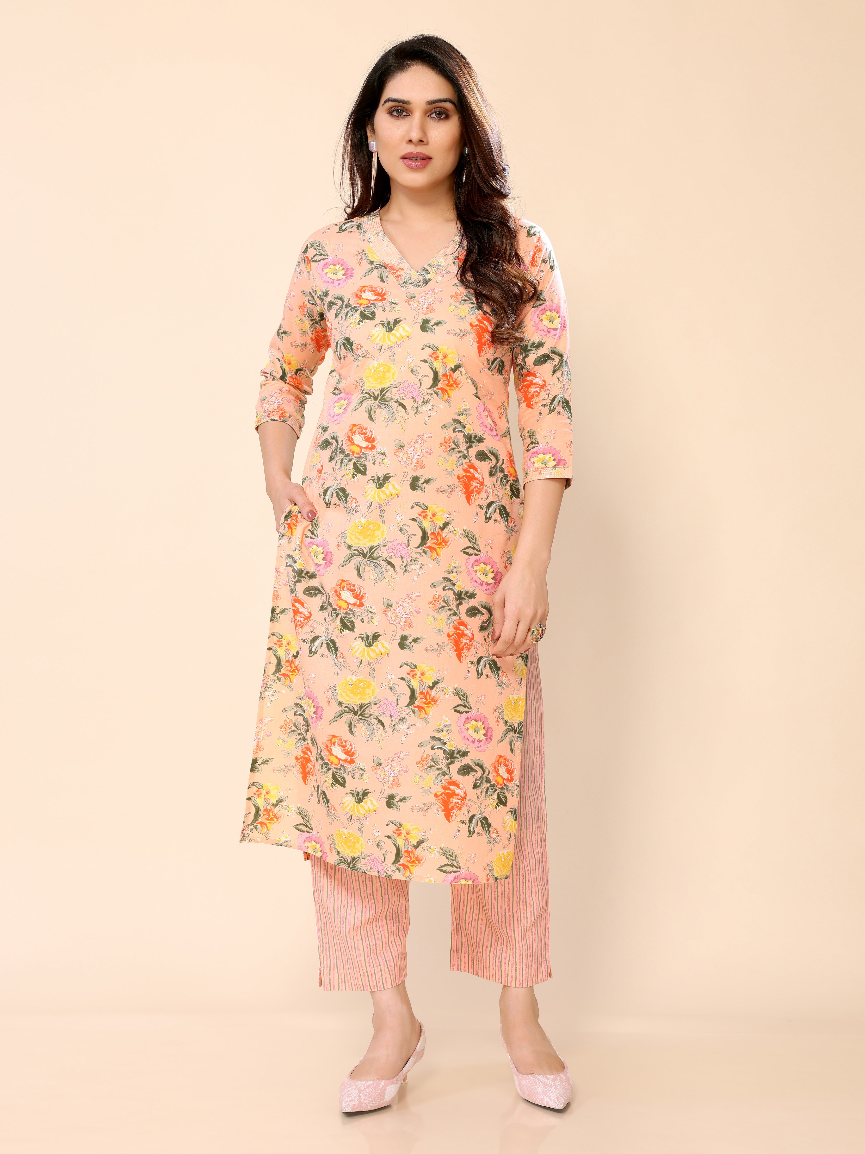 Peach Regular Fit Floral Printed Cotton Straight Kurti with Pant