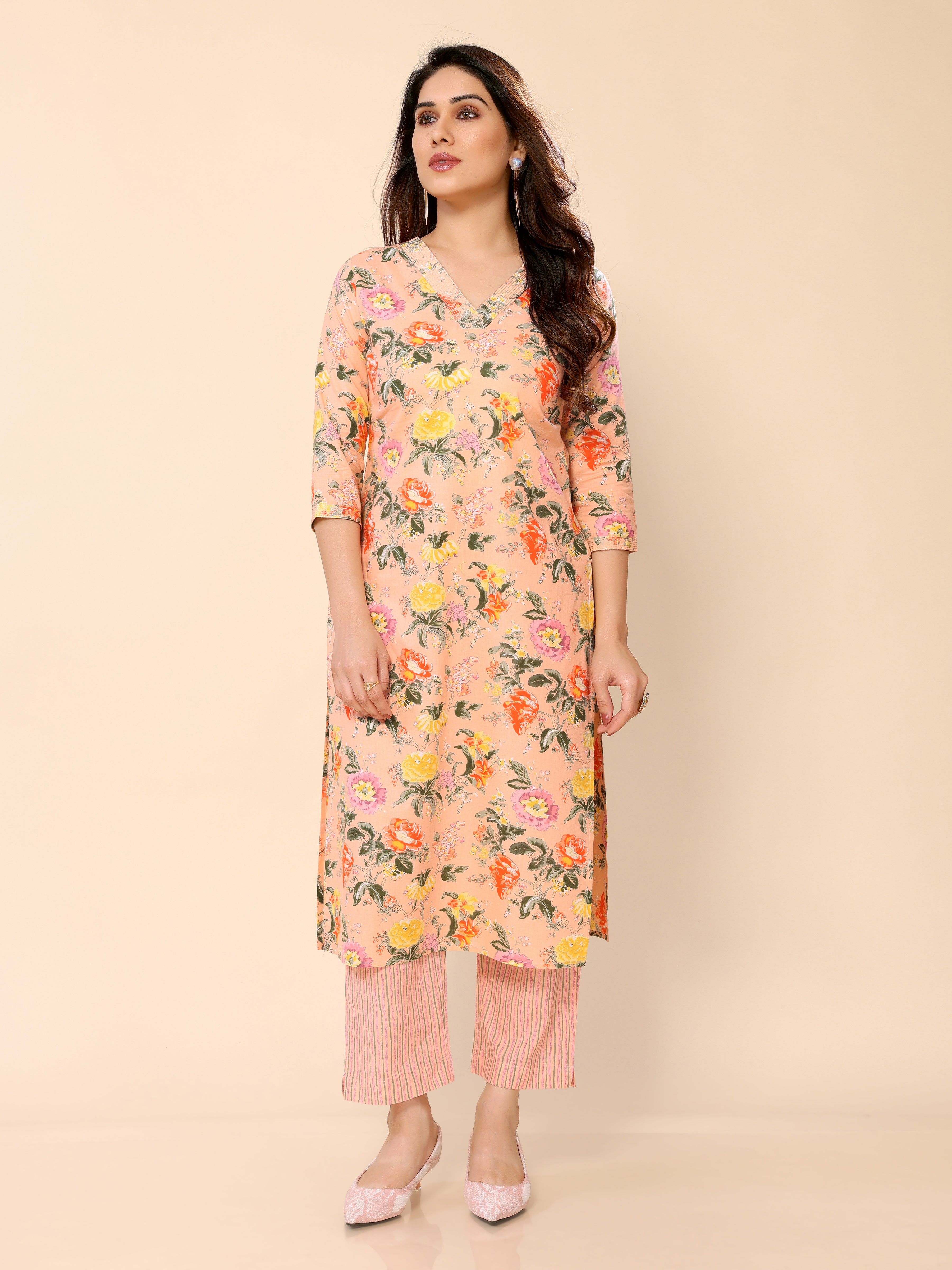 Peach Regular Fit Floral Printed Cotton Straight Kurti with Pant