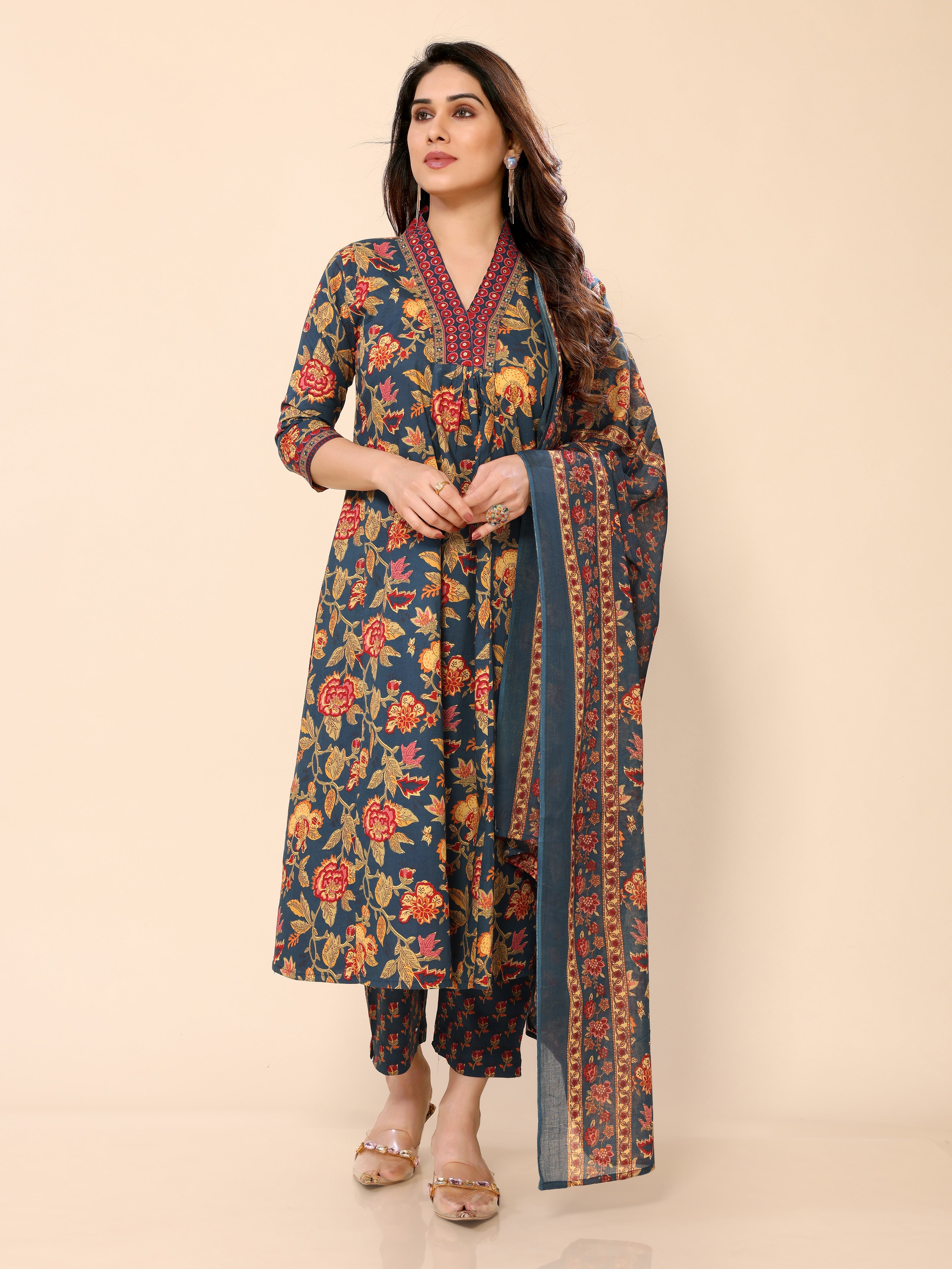 Teal Blue Cotton Floral Printed Kurta Pant & Dupatta Set