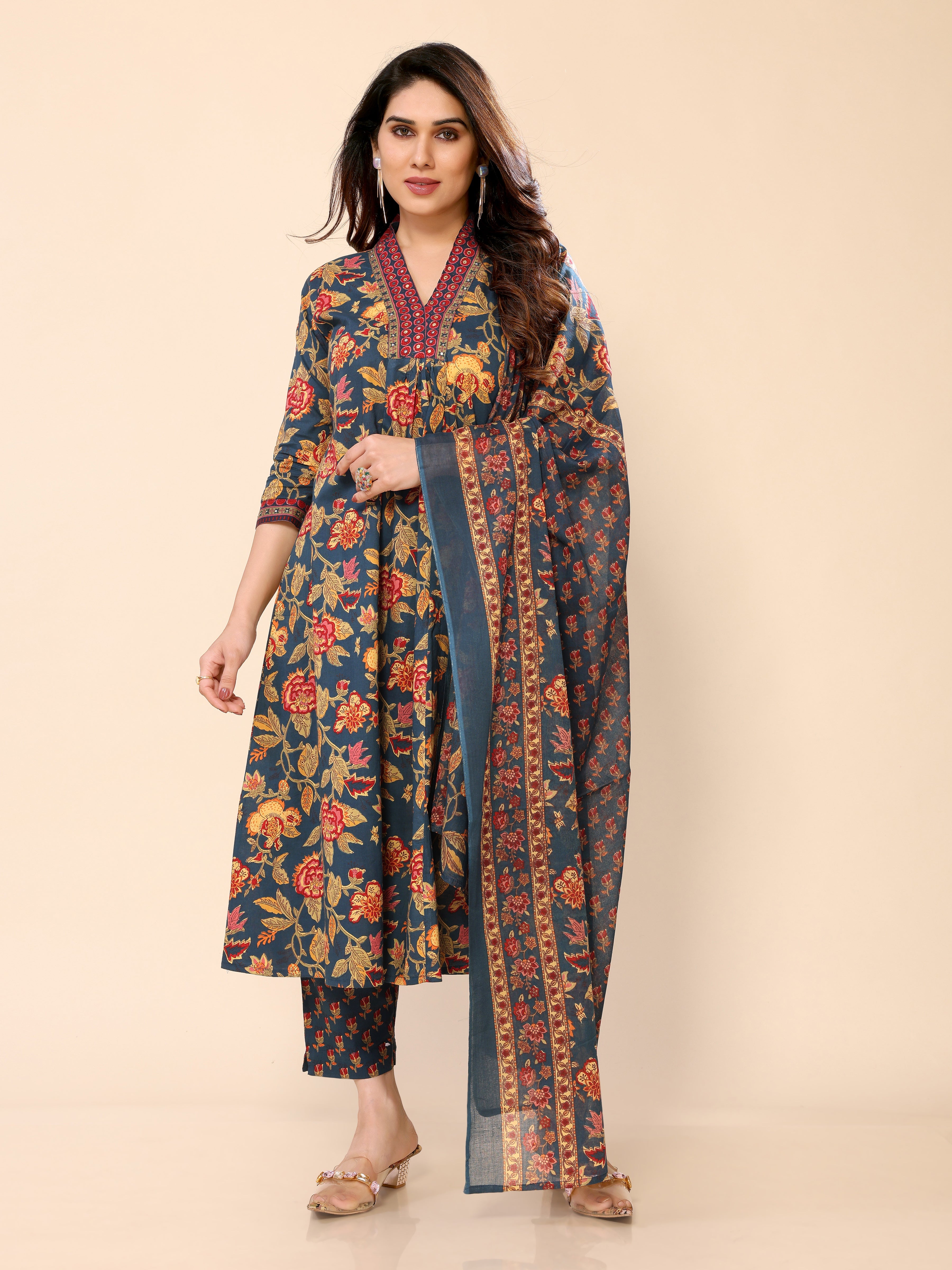 Teal Blue Cotton Floral Printed Kurta Pant & Dupatta Set