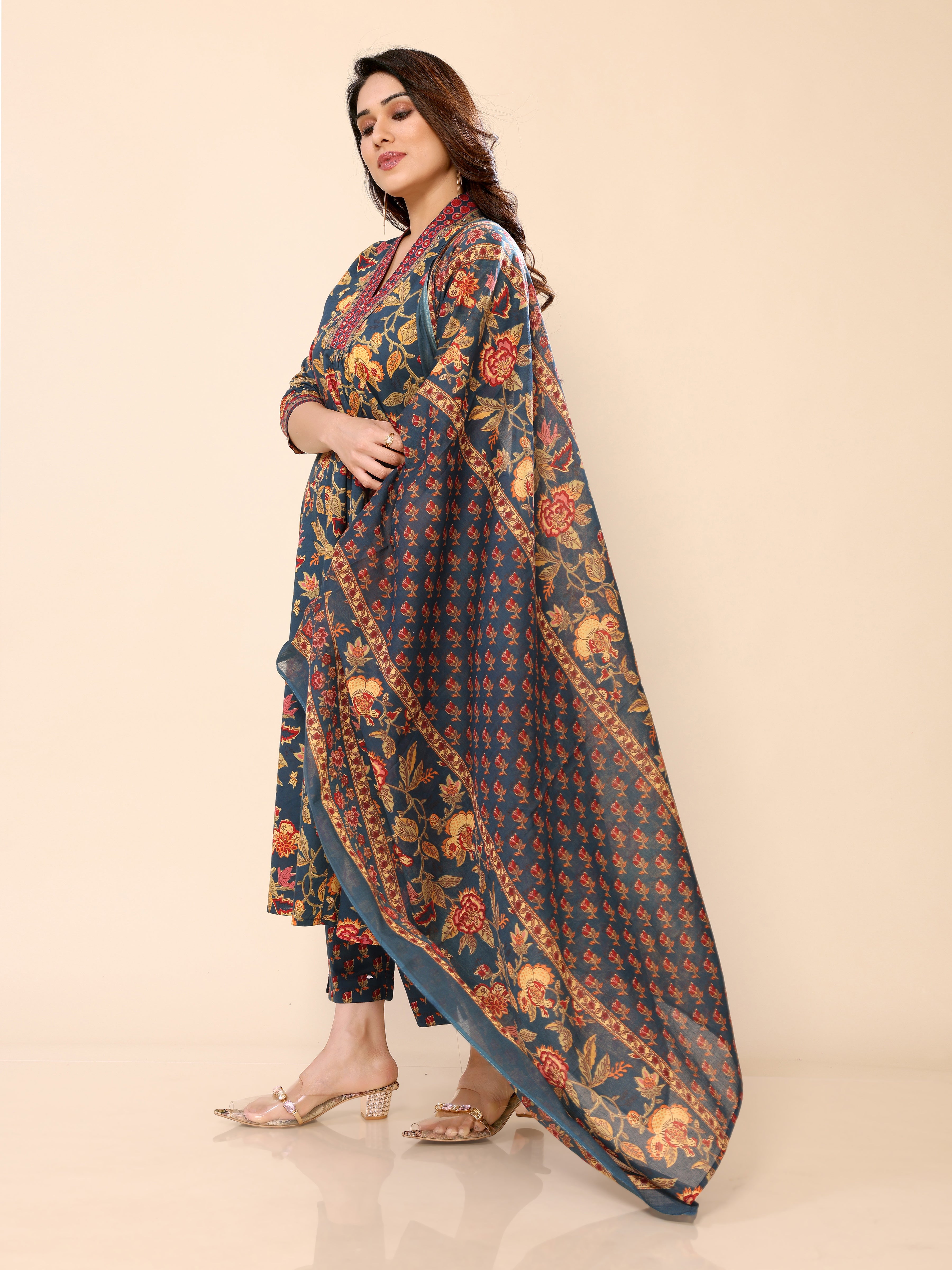 Teal Blue Cotton Floral Printed Kurta Pant & Dupatta Set