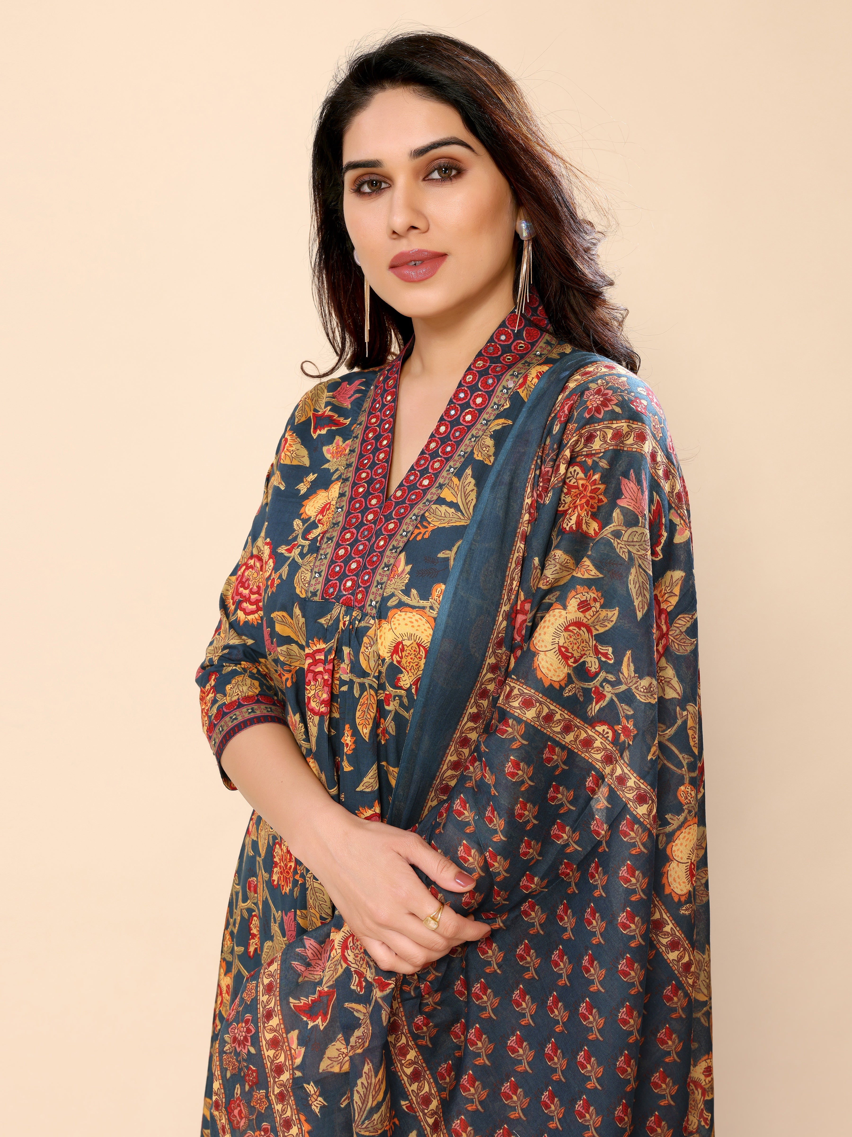 Teal Blue Cotton Floral Printed Kurta Pant & Dupatta Set