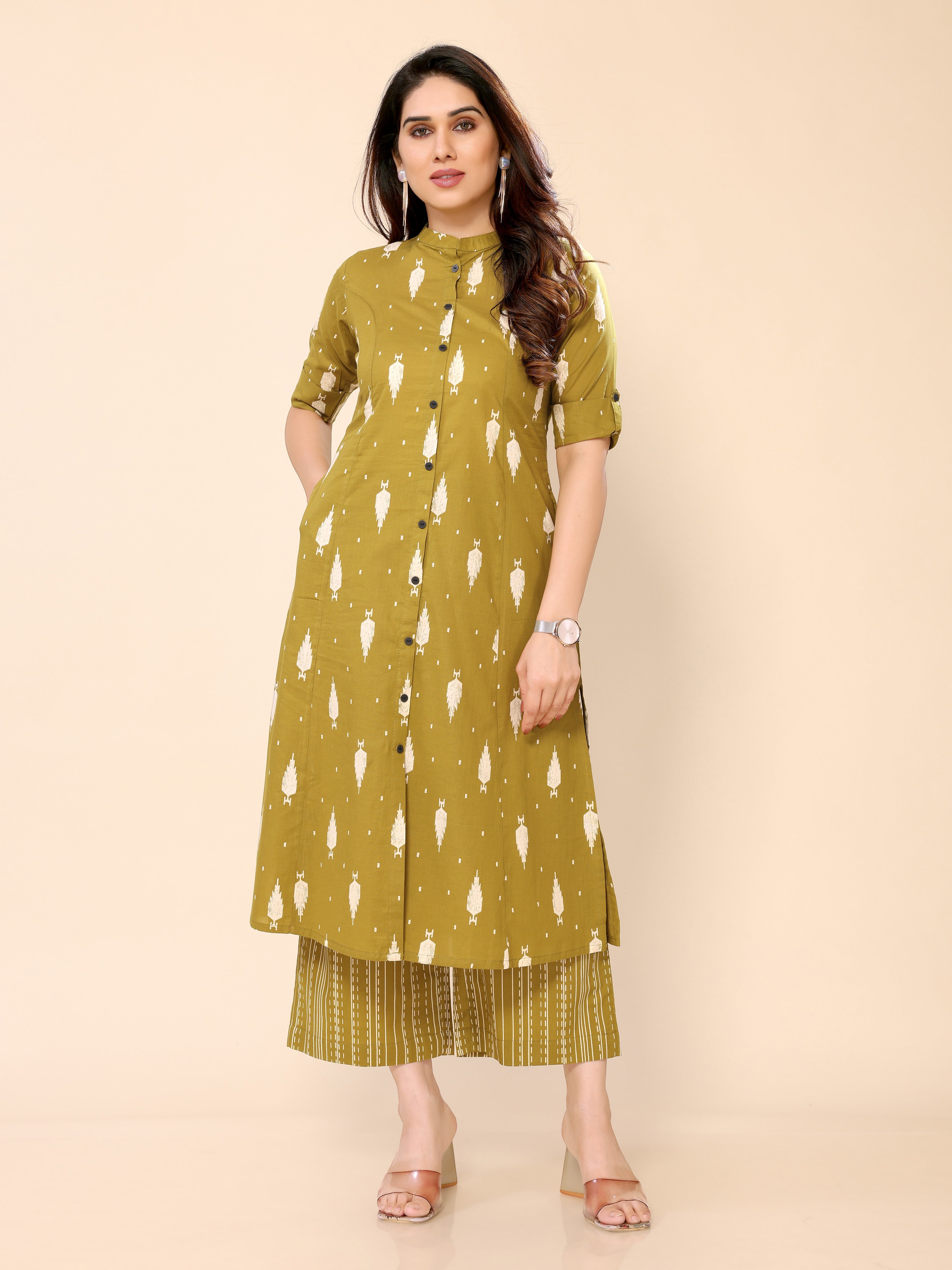 Mustard Printed Cotton Kurta with Palazzo