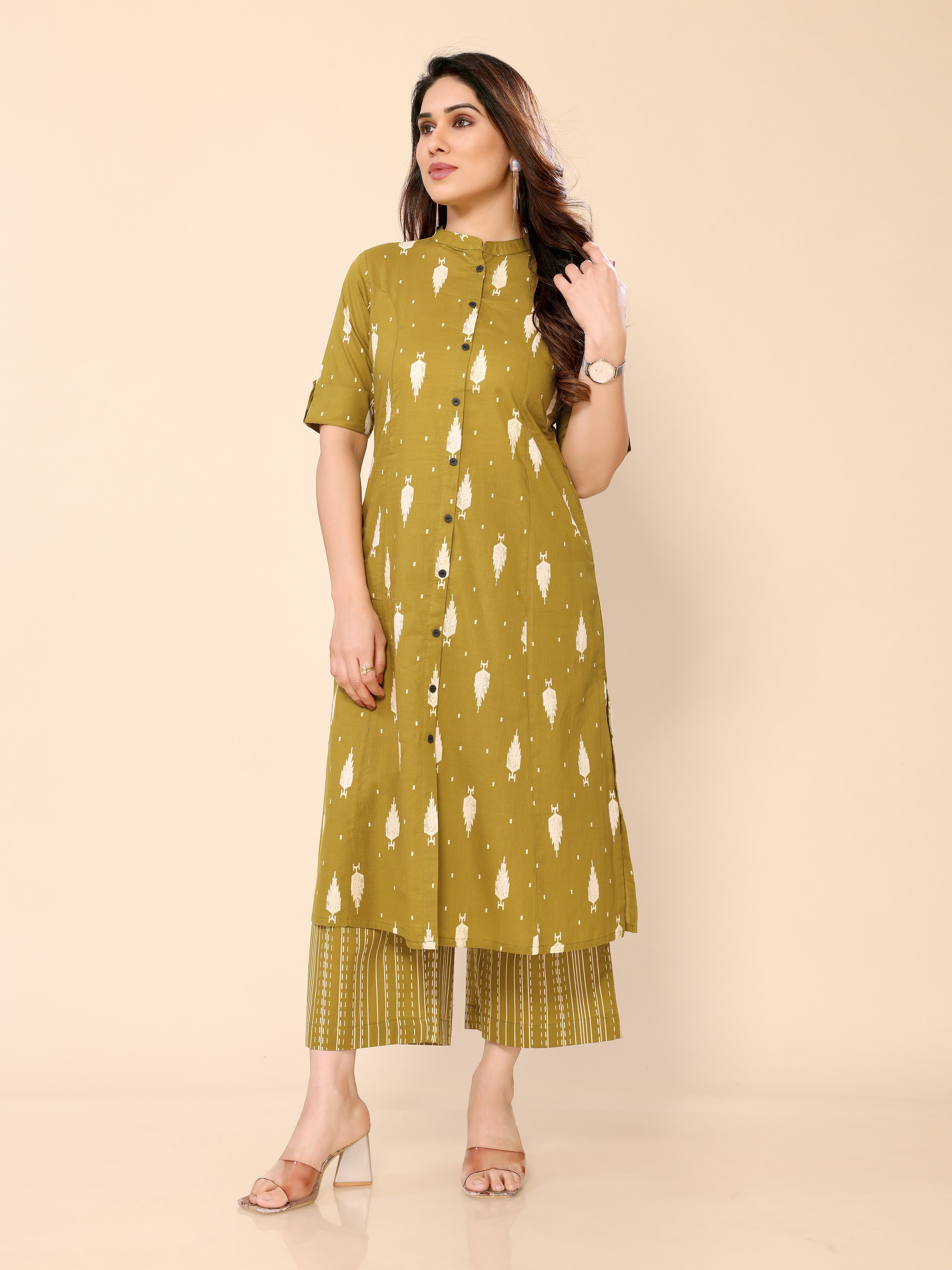 Mustard Printed Cotton Kurta with Palazzo