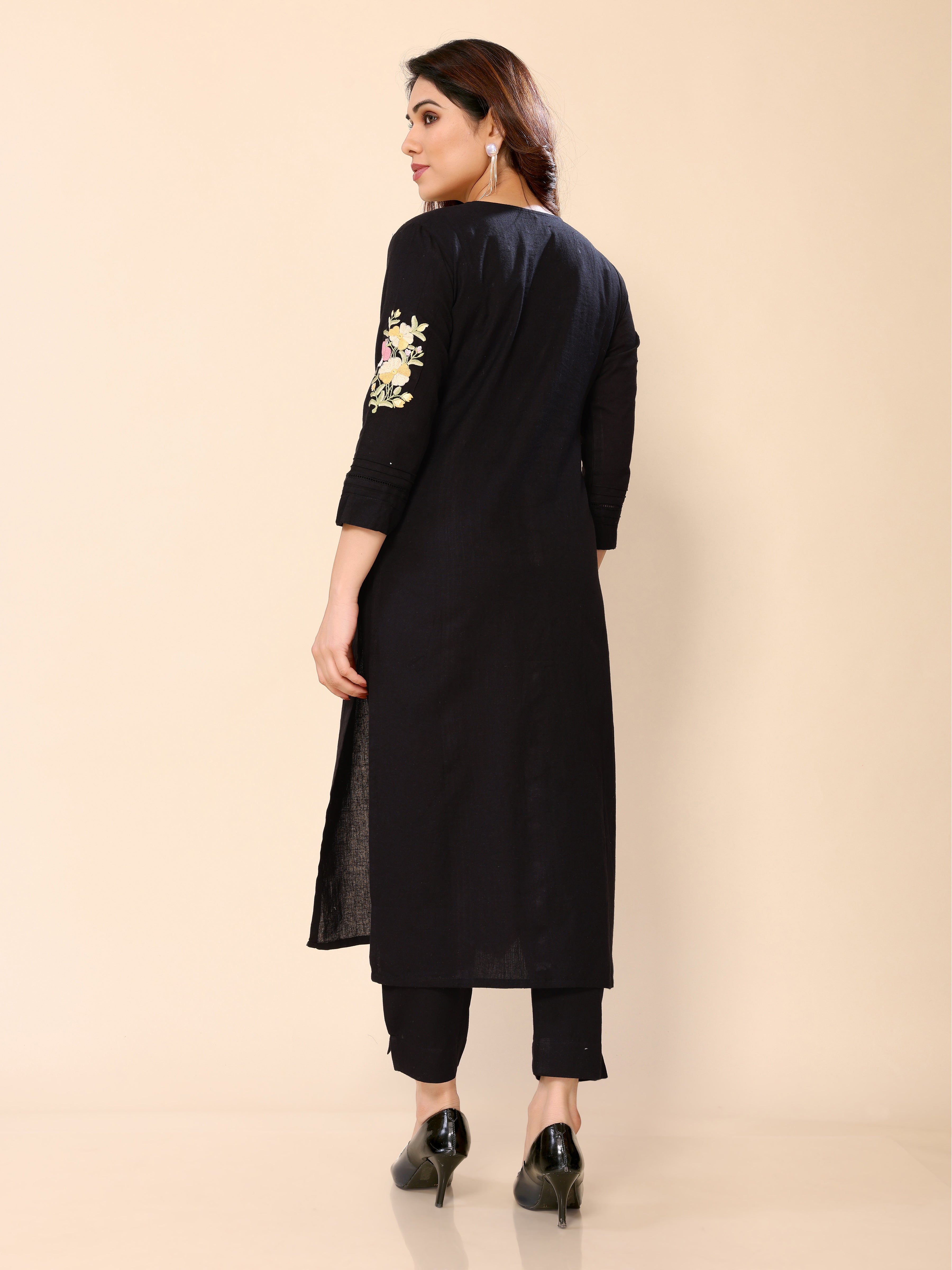 Black Cotton Floral Embroidered Thread Work Kurta with Trousers