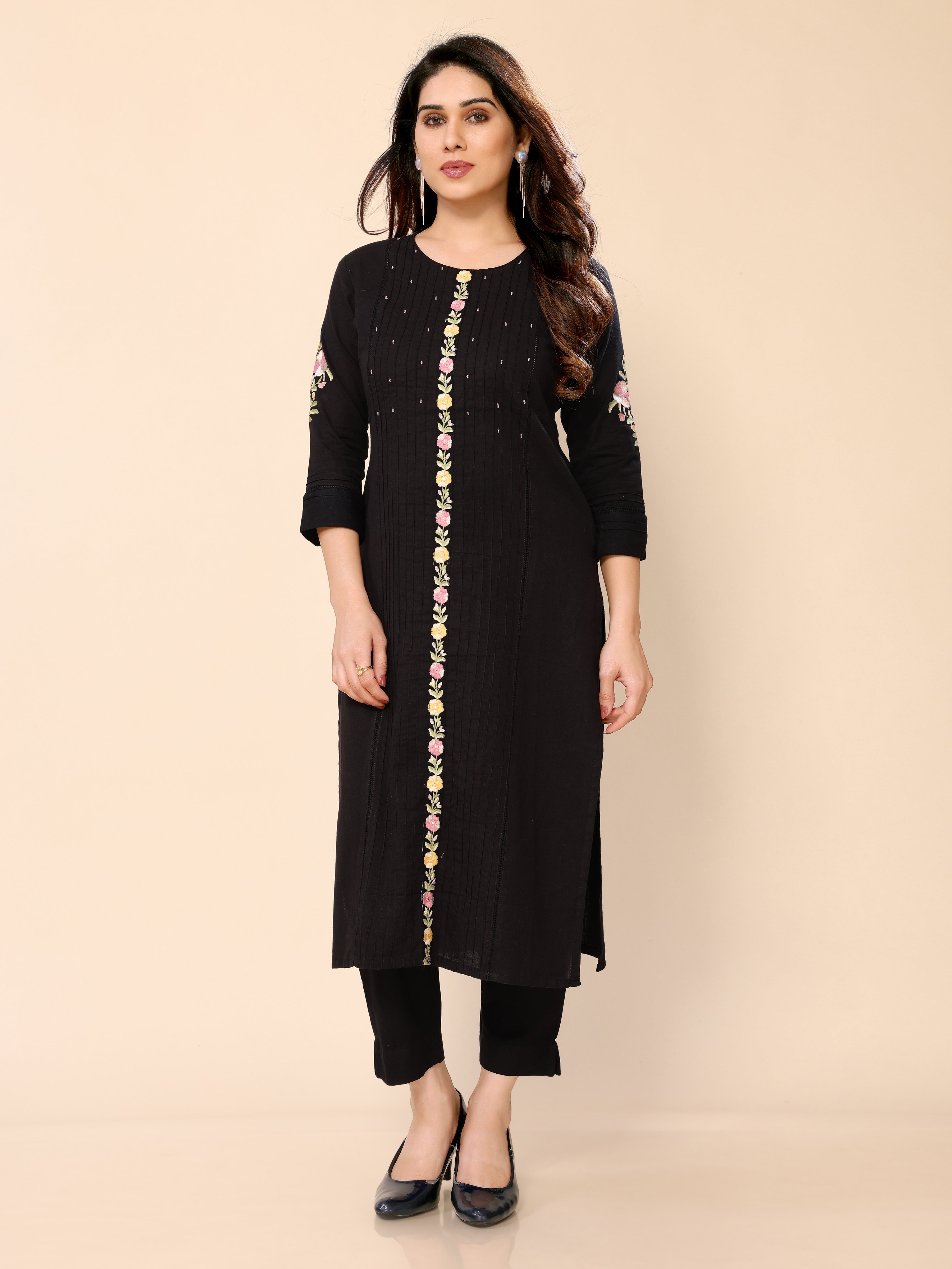 Black Cotton Floral Embroidered Thread Work Kurta with Trousers