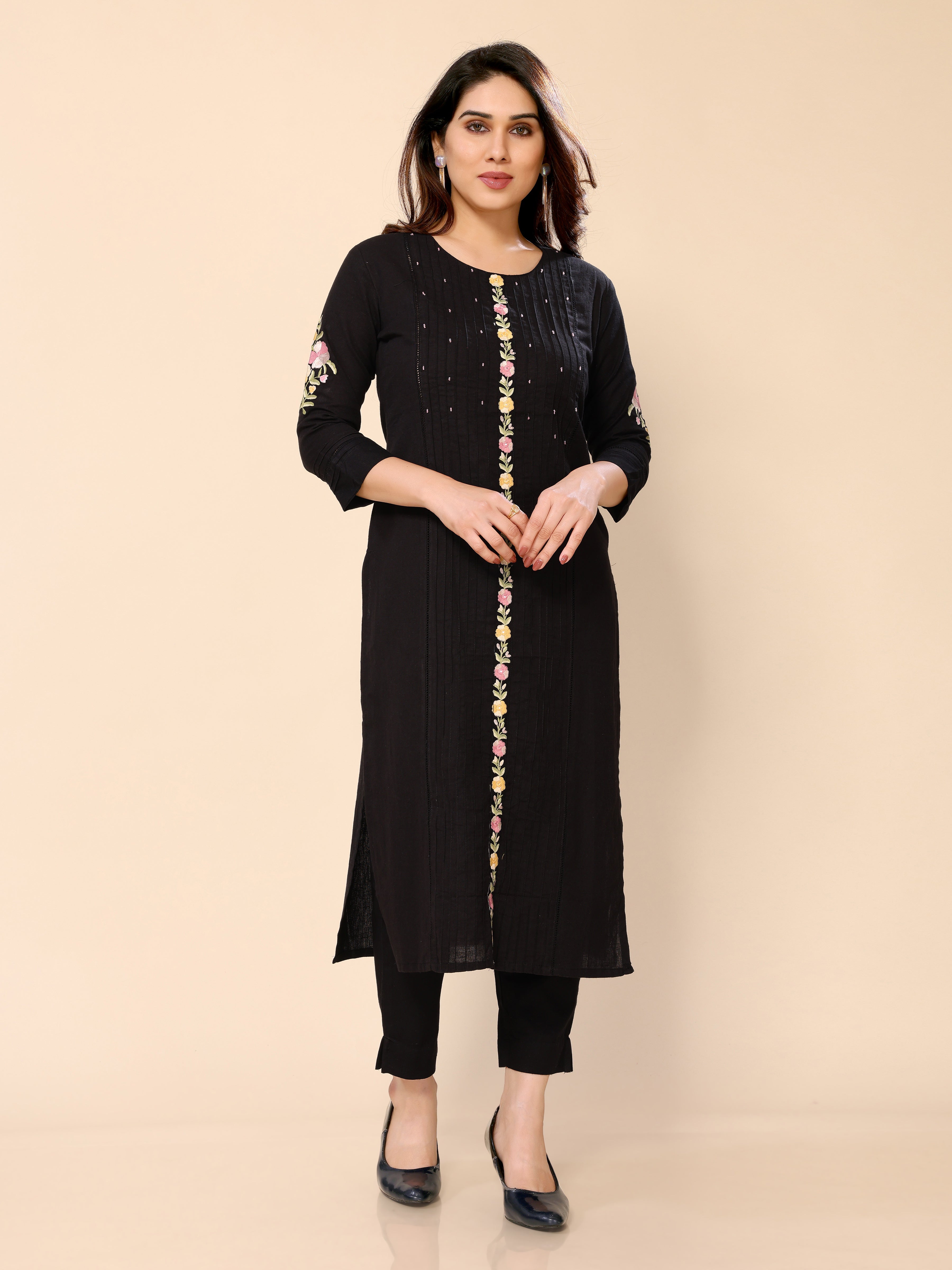 Black Cotton Floral Embroidered Thread Work Kurta with Trousers