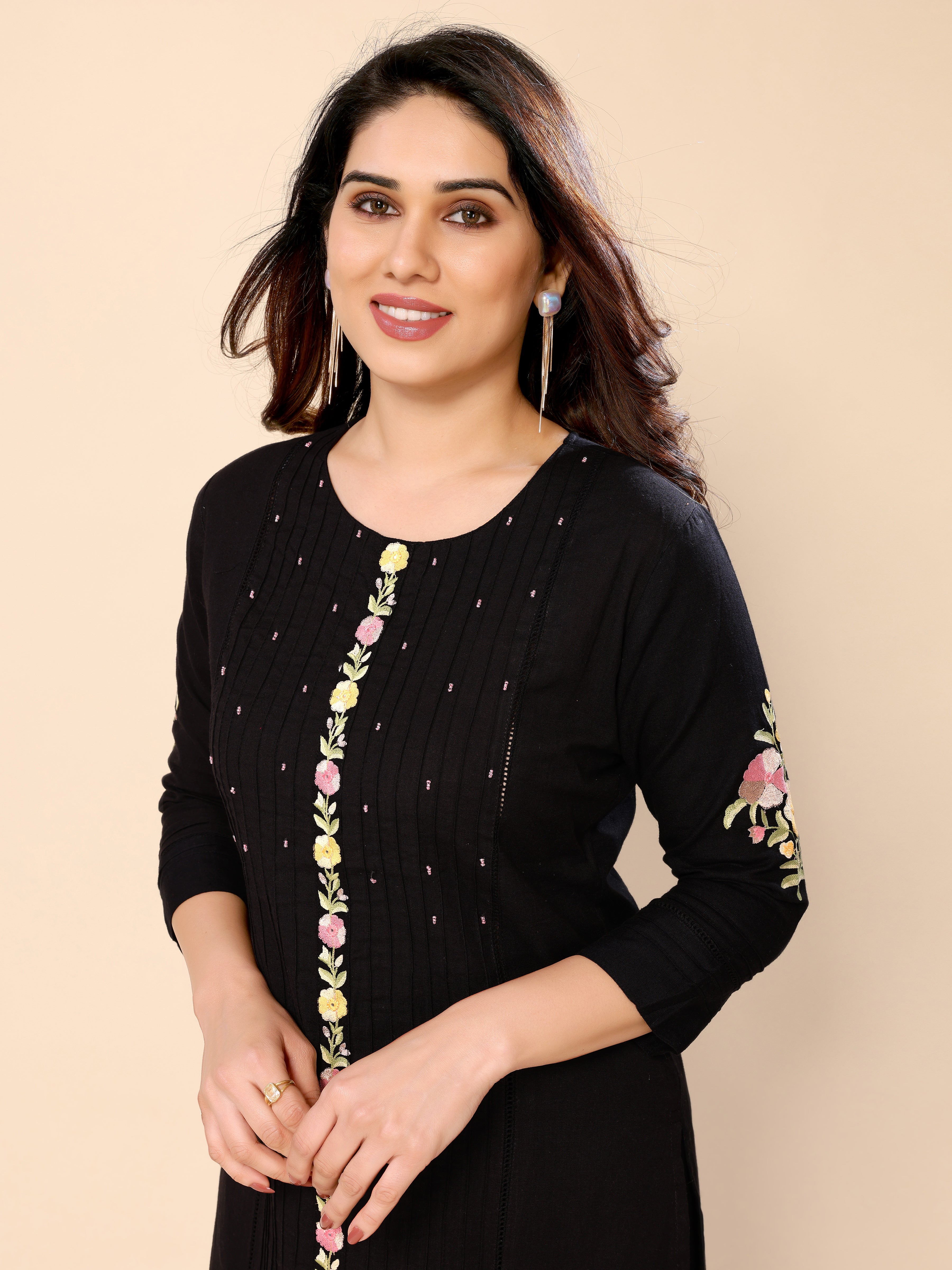 Black Cotton Floral Embroidered Thread Work Kurta with Trousers
