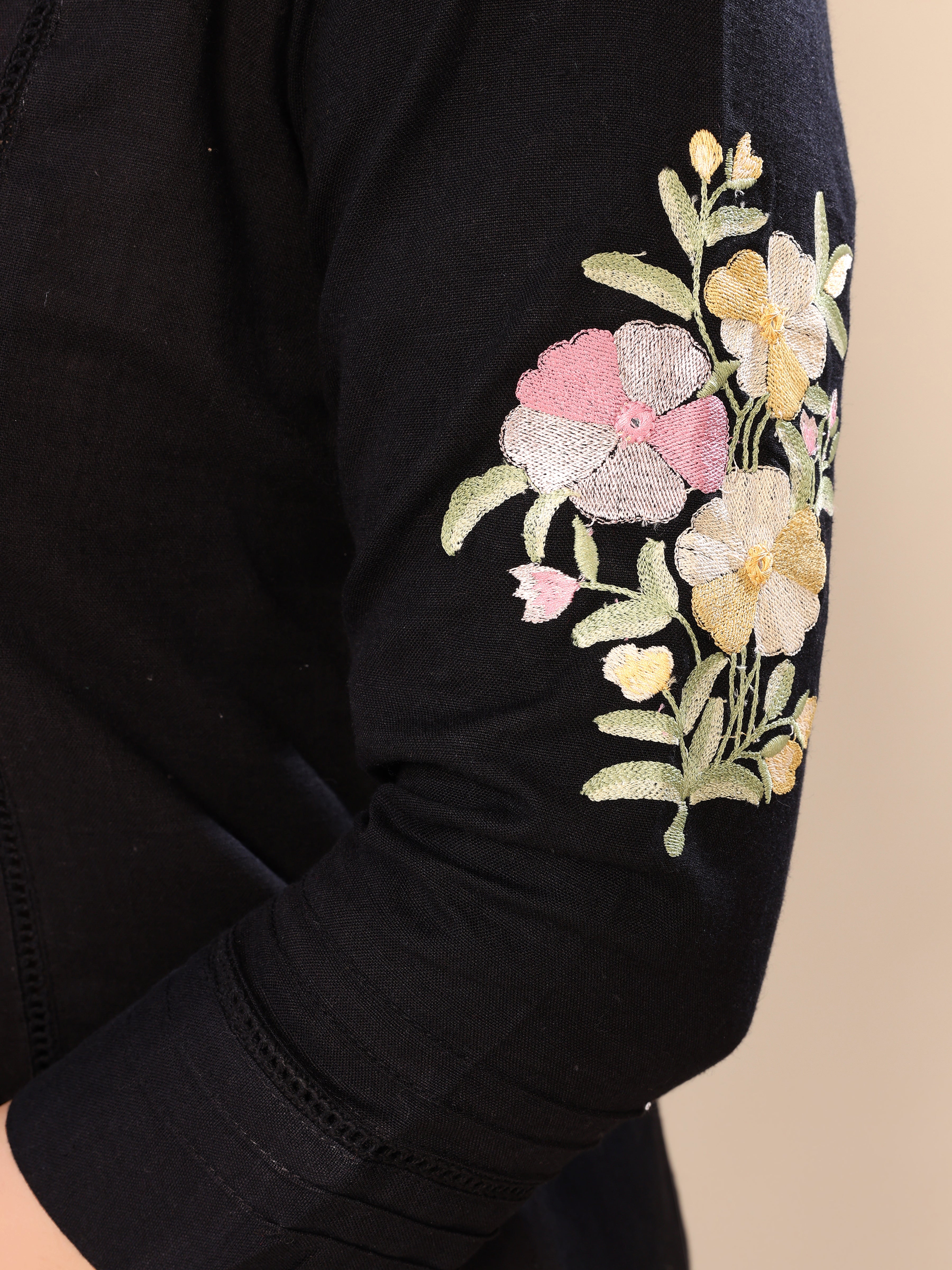 Black Cotton Floral Embroidered Thread Work Kurta with Trousers