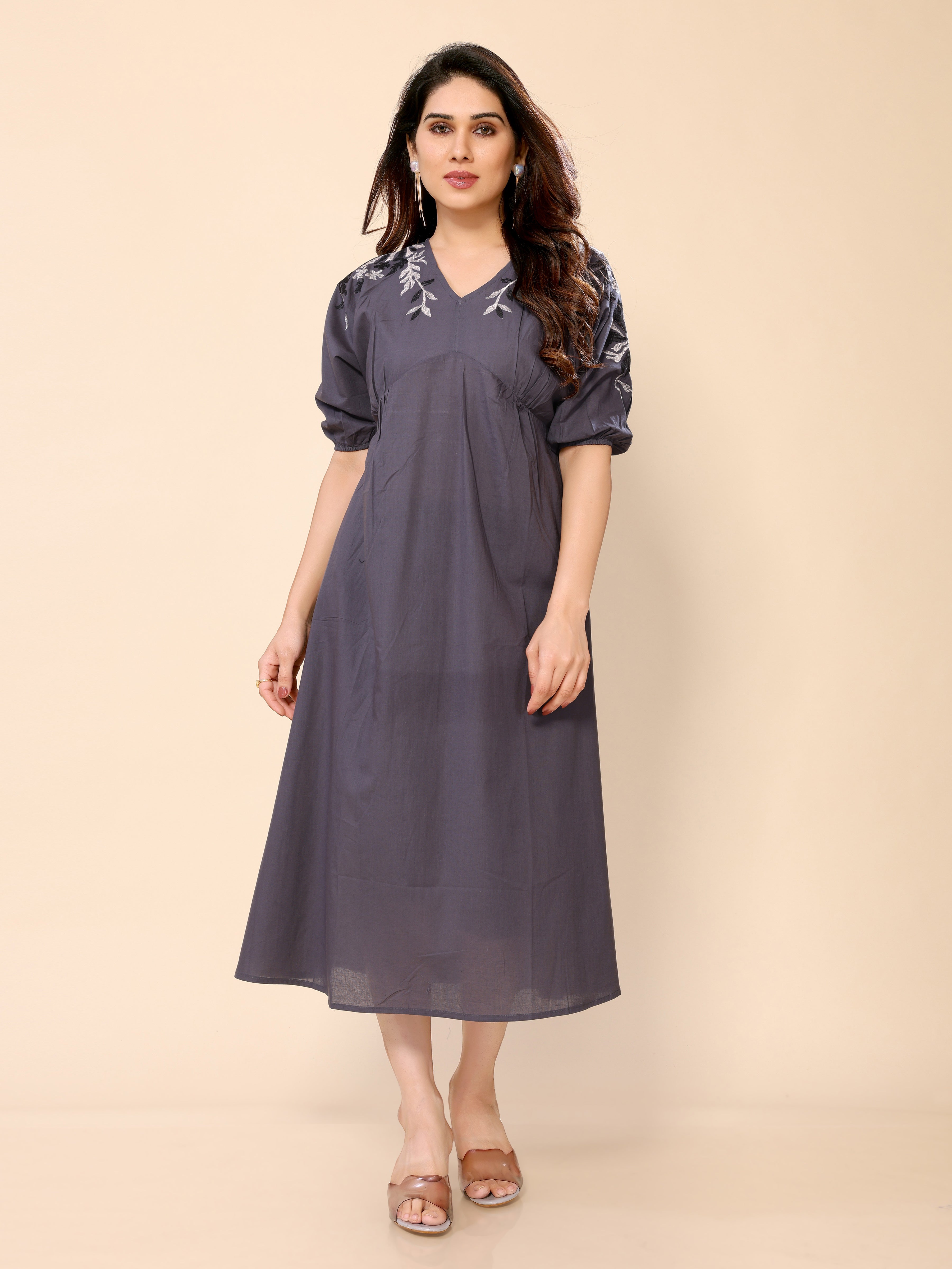 Grey Cotton Floral Embroidery Gown One Piece Dress