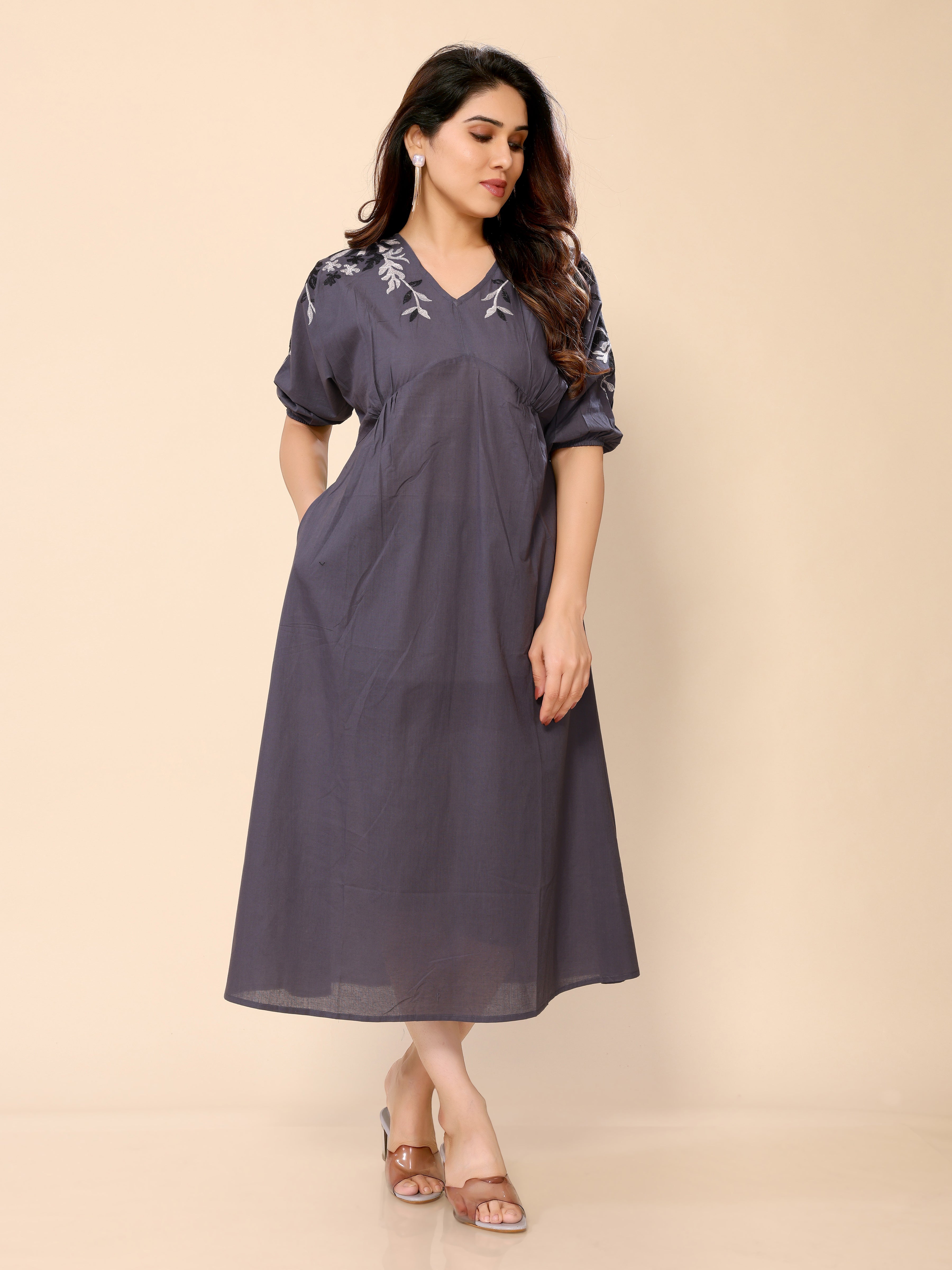 Grey Cotton Floral Embroidery Gown One Piece Dress