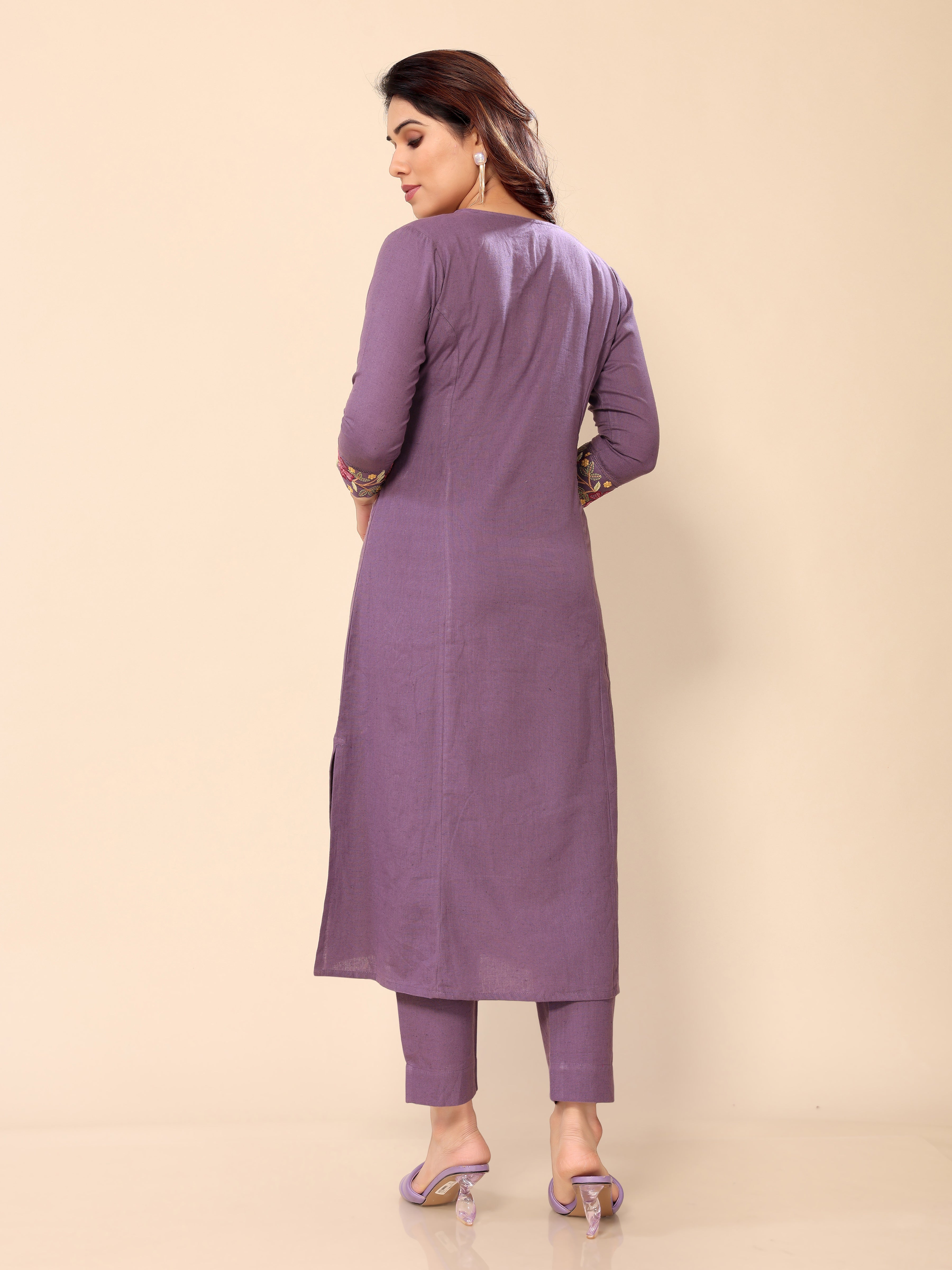 Purple Floral Embroidery Cotton Kurta with Trouser Pant