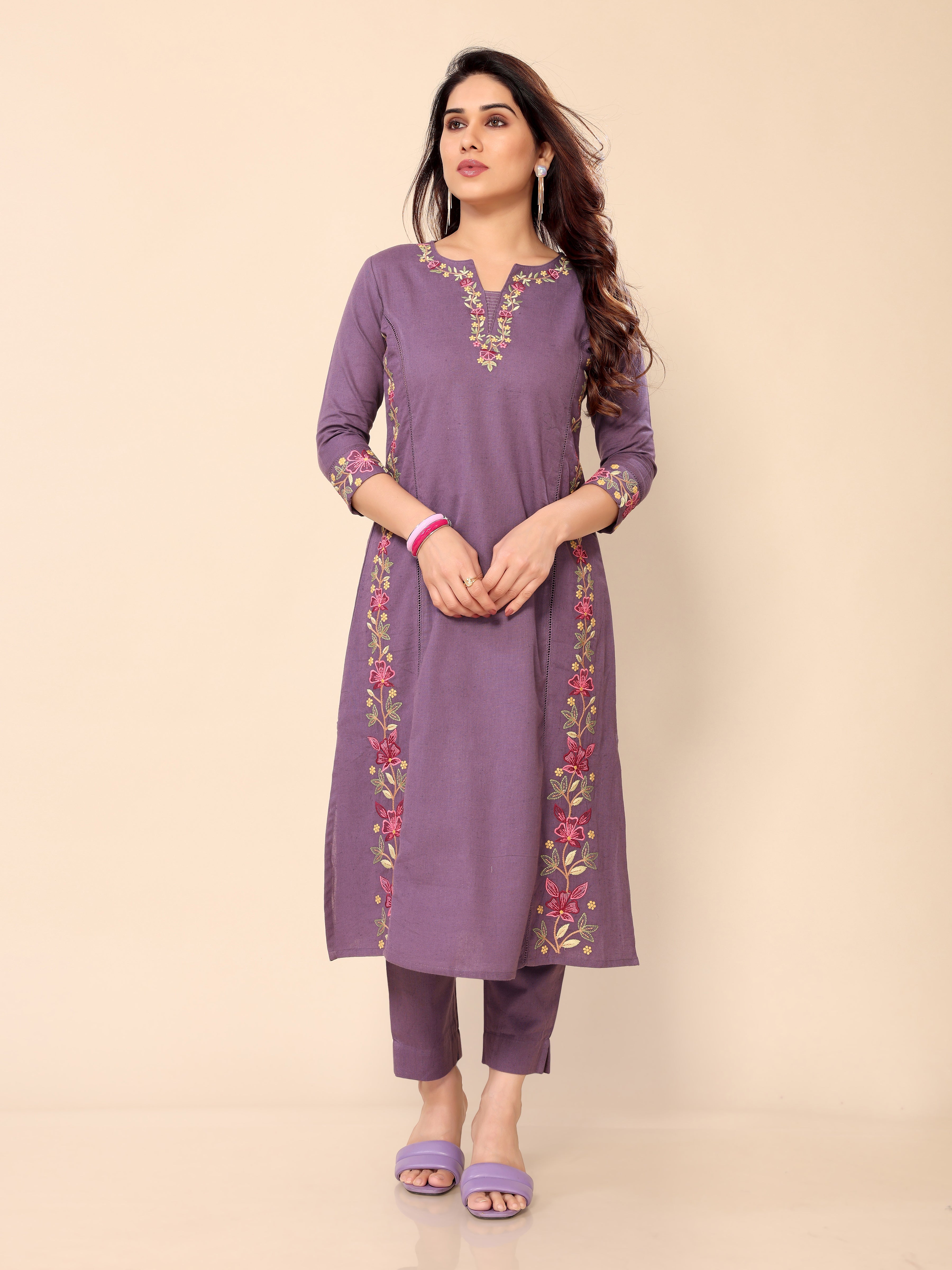 Purple Floral Embroidery Cotton Kurta with Trouser Pant