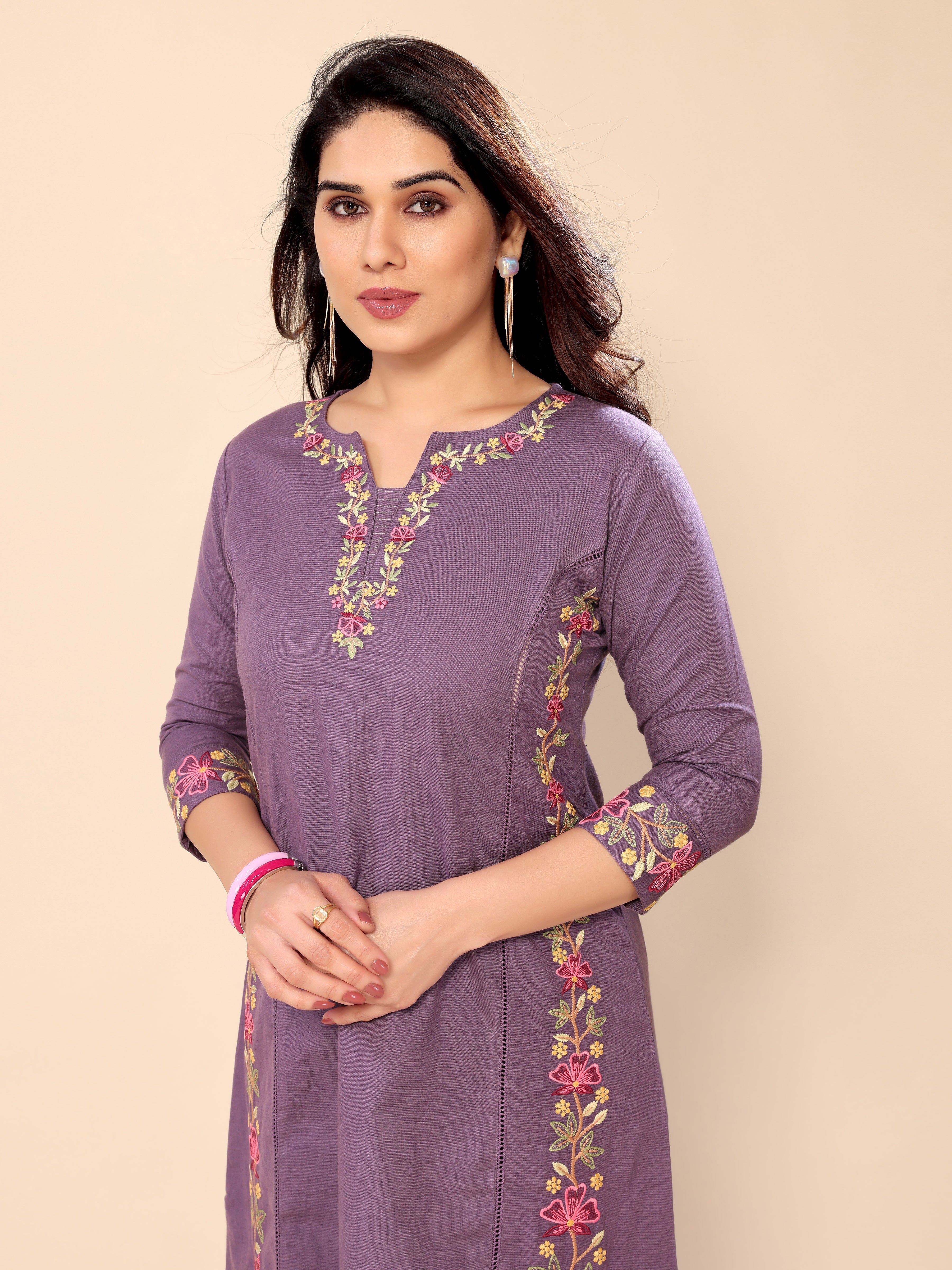 Purple Floral Embroidery Cotton Kurta with Trouser Pant