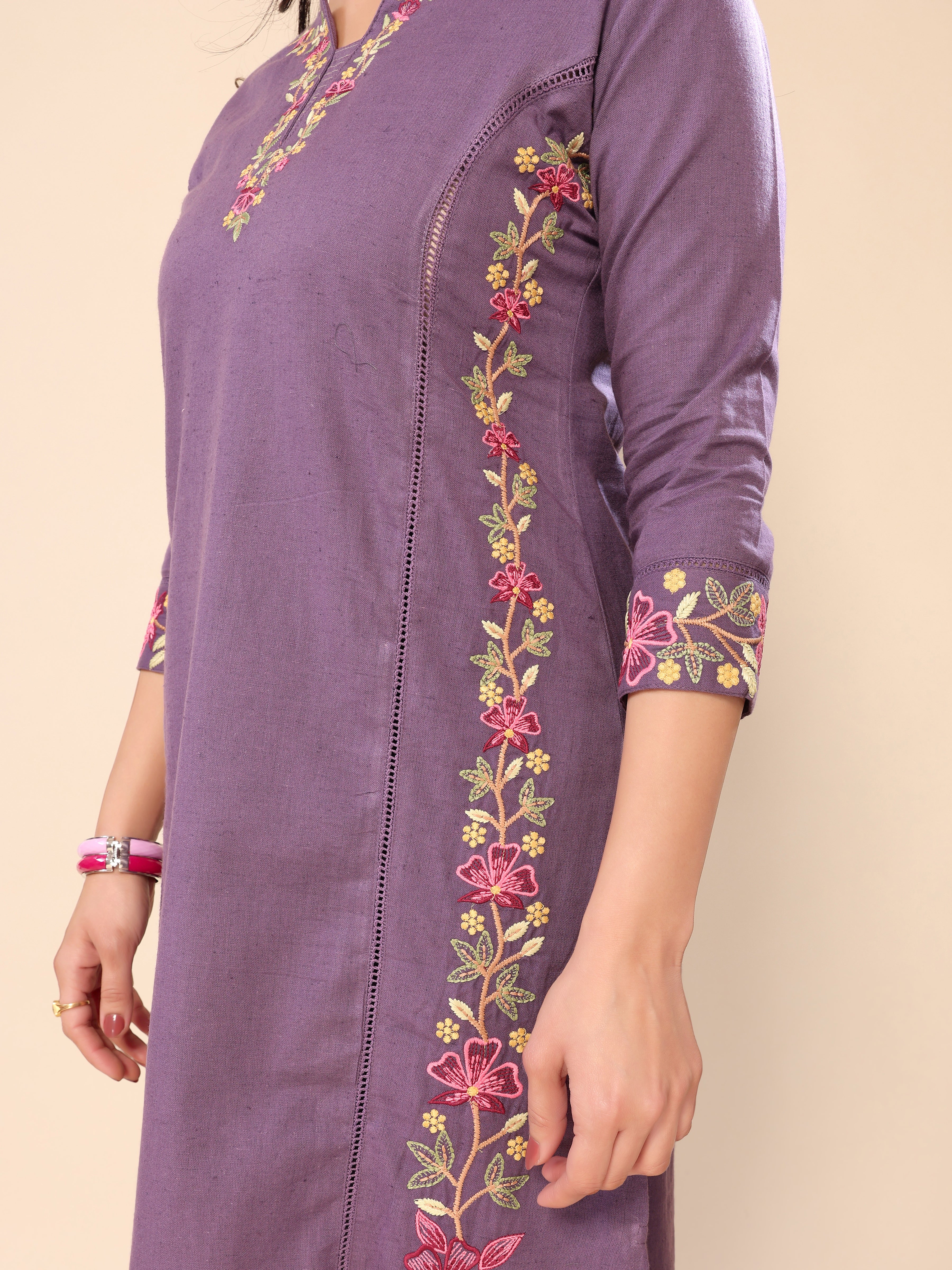 Purple Floral Embroidery Cotton Kurta with Trouser Pant
