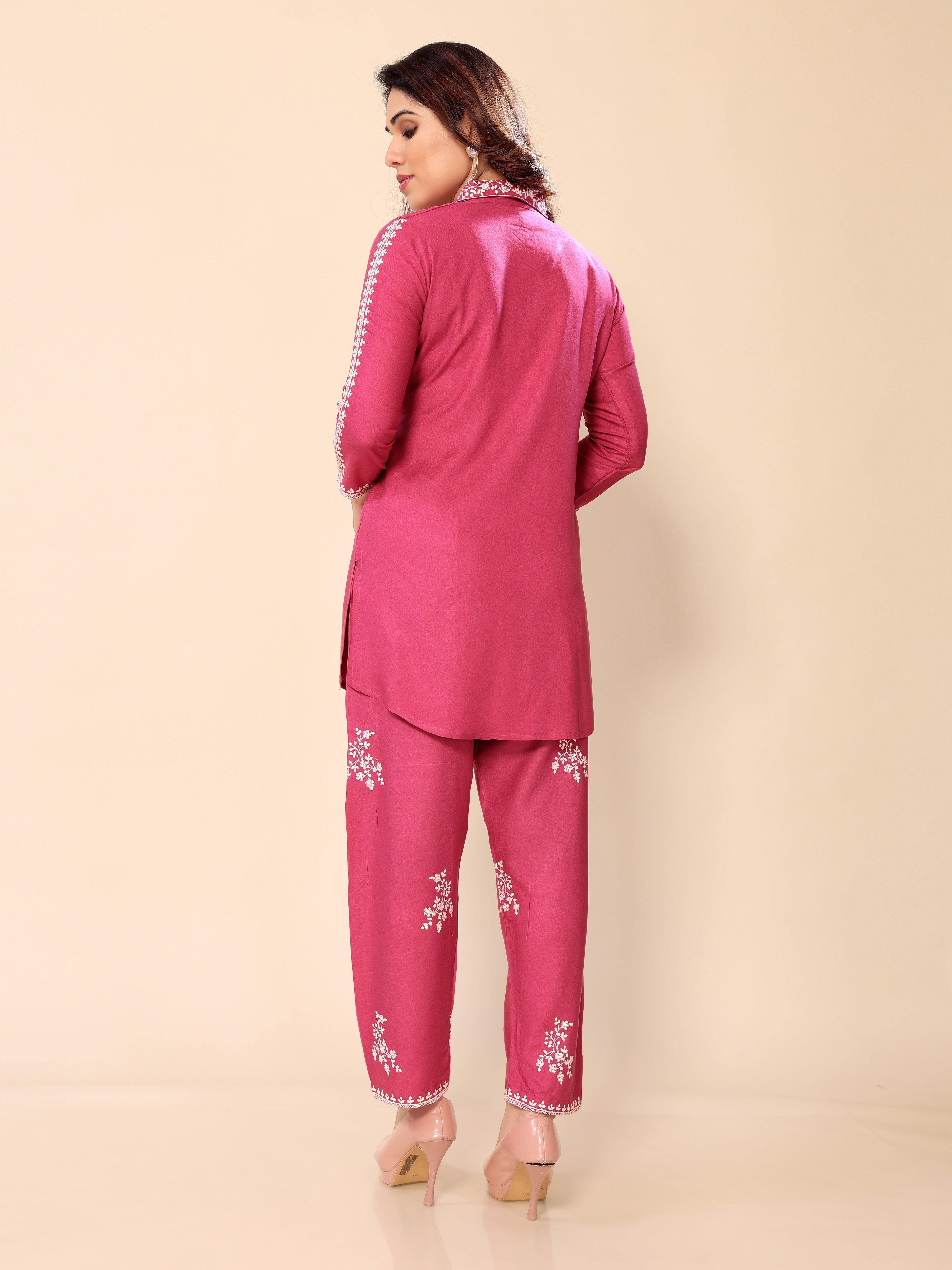 Pink Neck Embroidery Cotton Co-ords Set