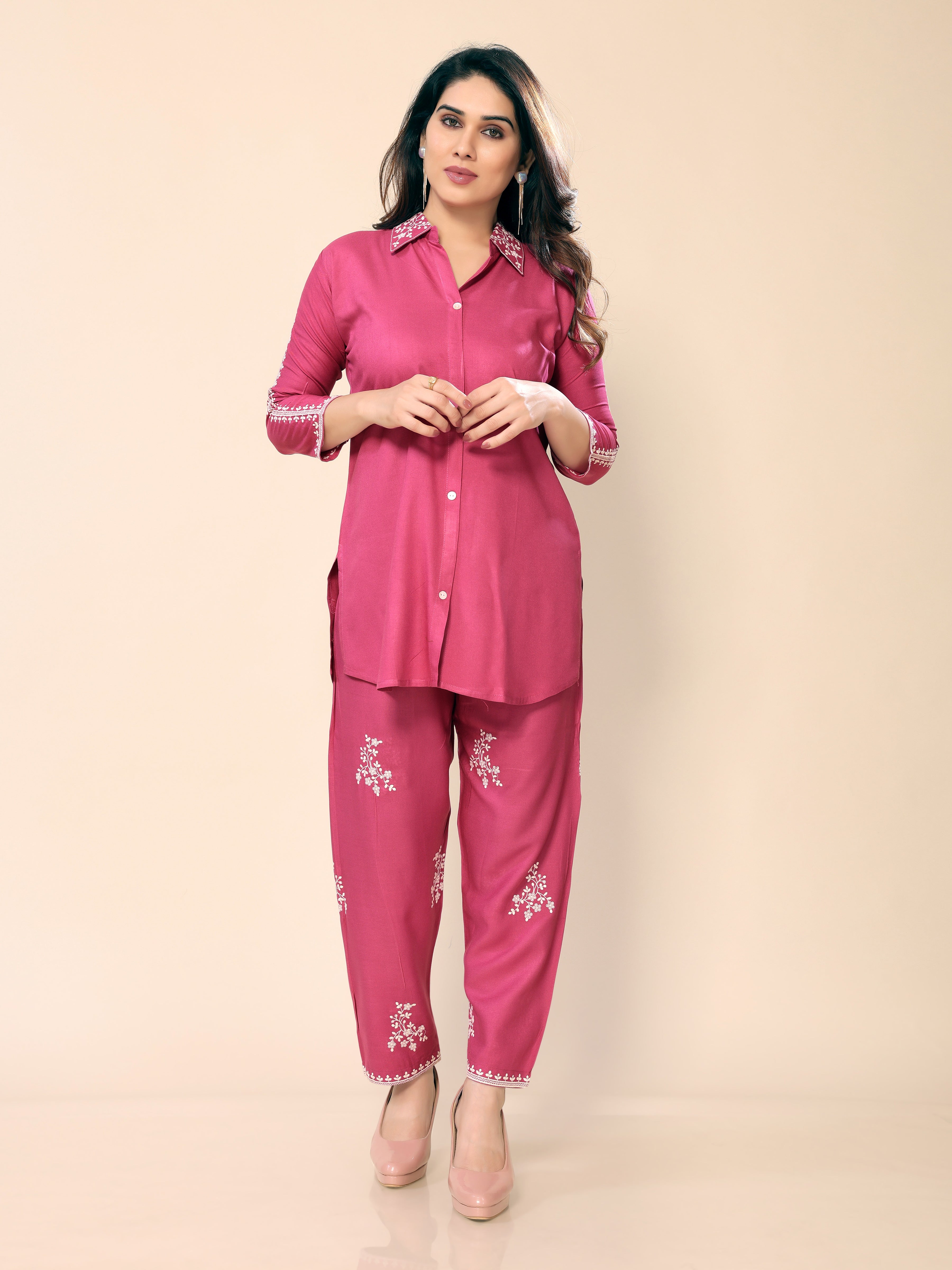 Pink Neck Embroidery Cotton Co-ords Set