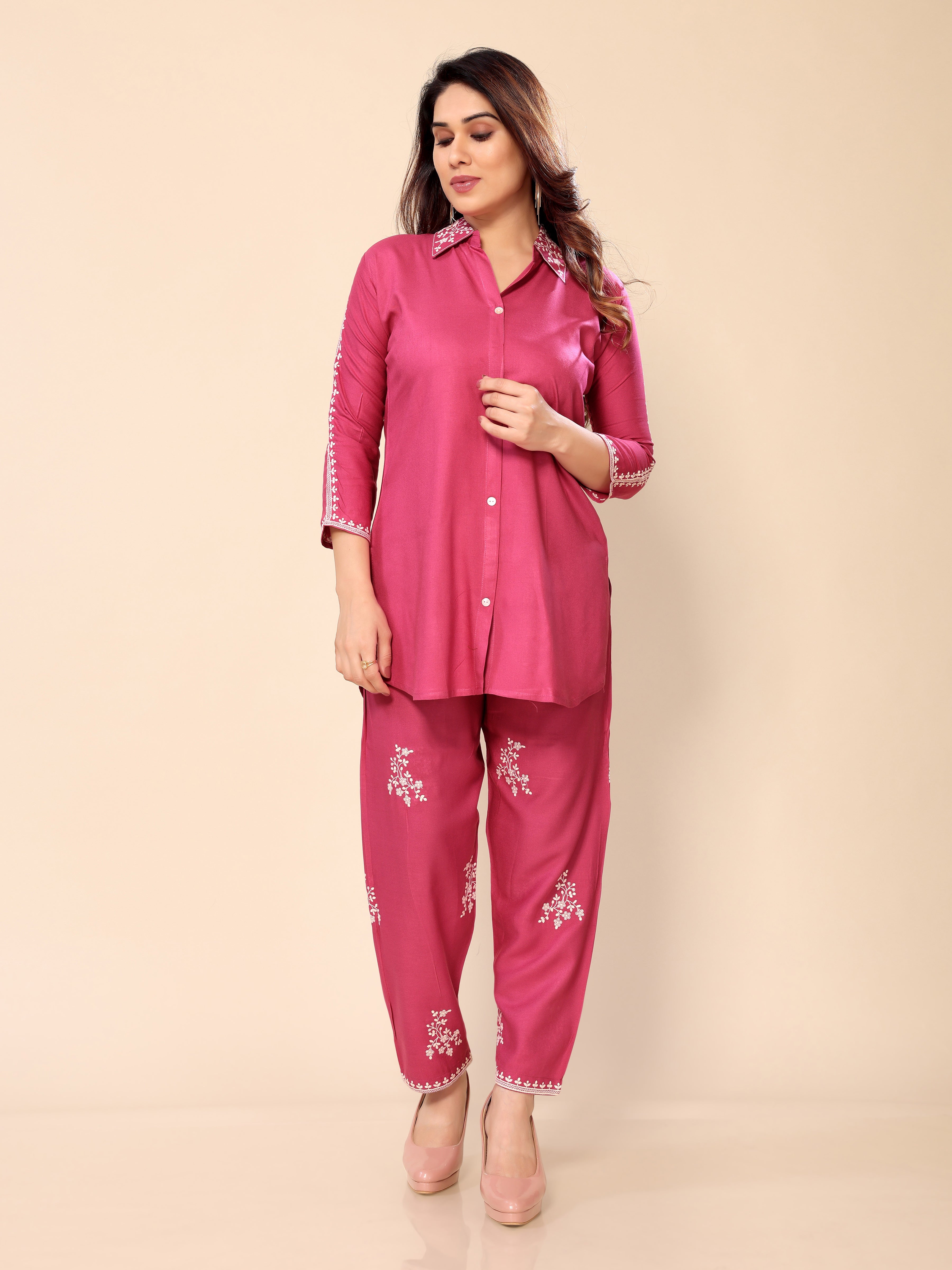 Pink Neck Embroidery Cotton Co-ords Set