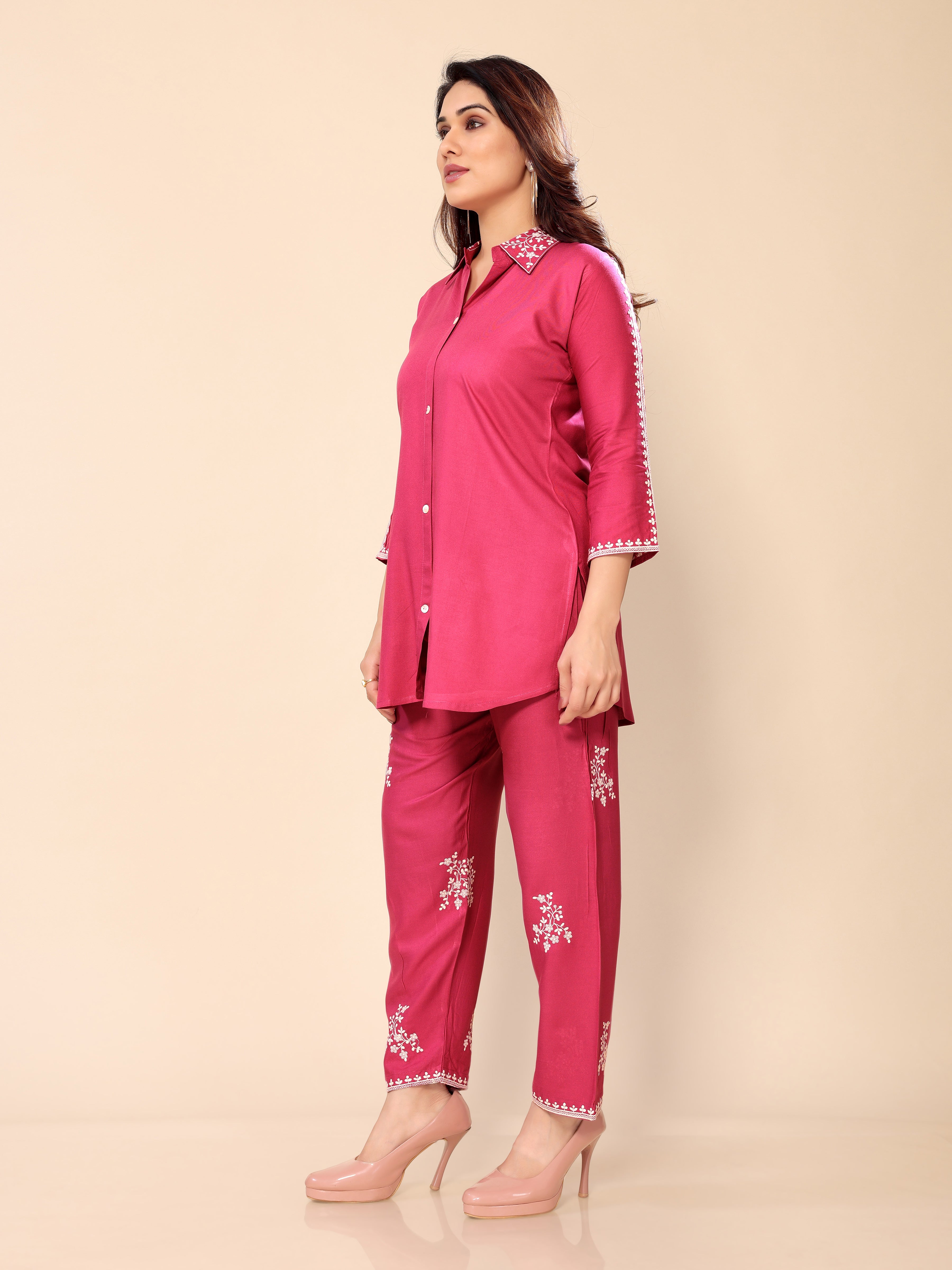 Pink Neck Embroidery Cotton Co-ords Set