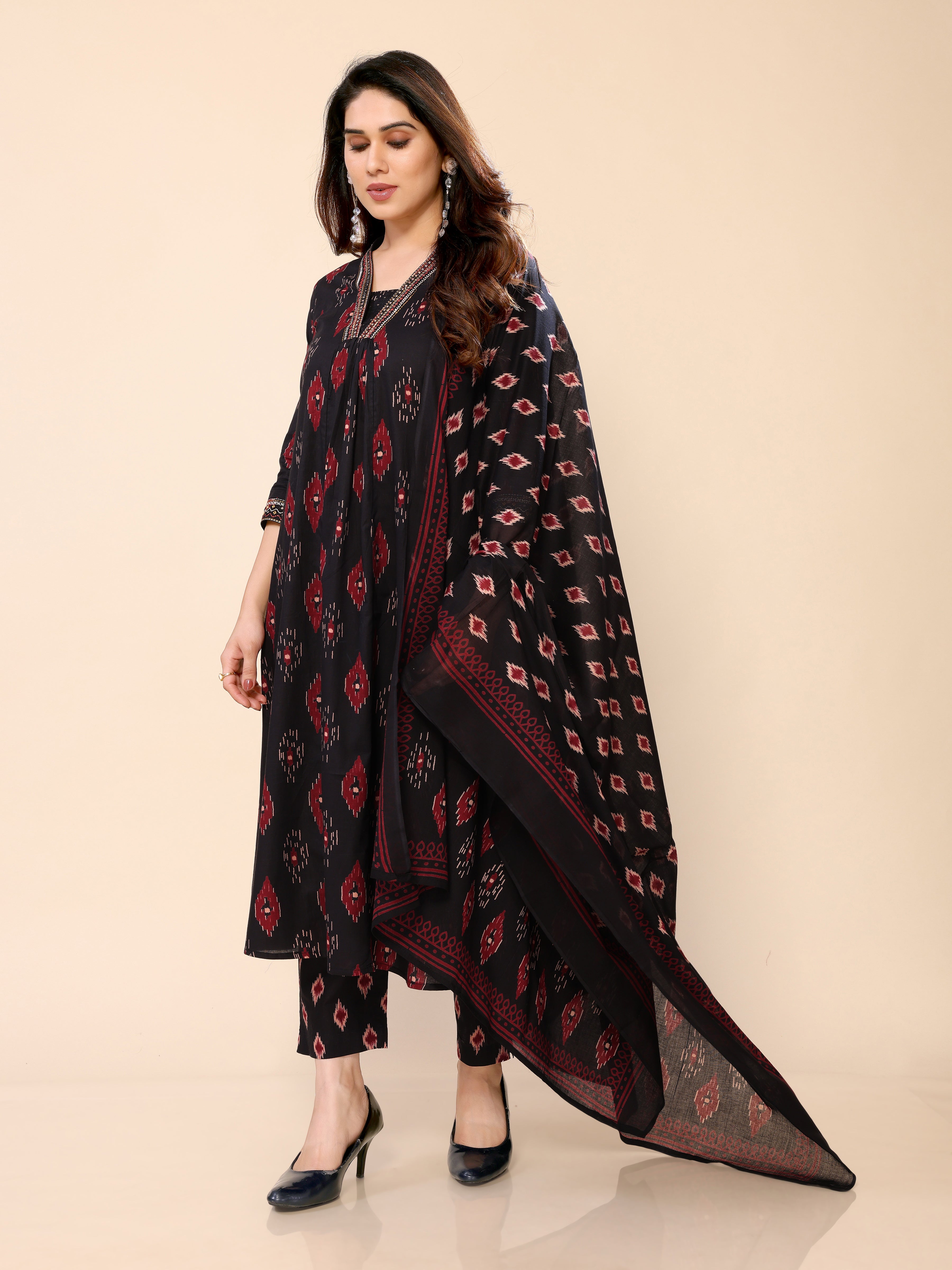 Black Ikat Printed Mul Cotton Long Kurti with Pant and Dupatta set