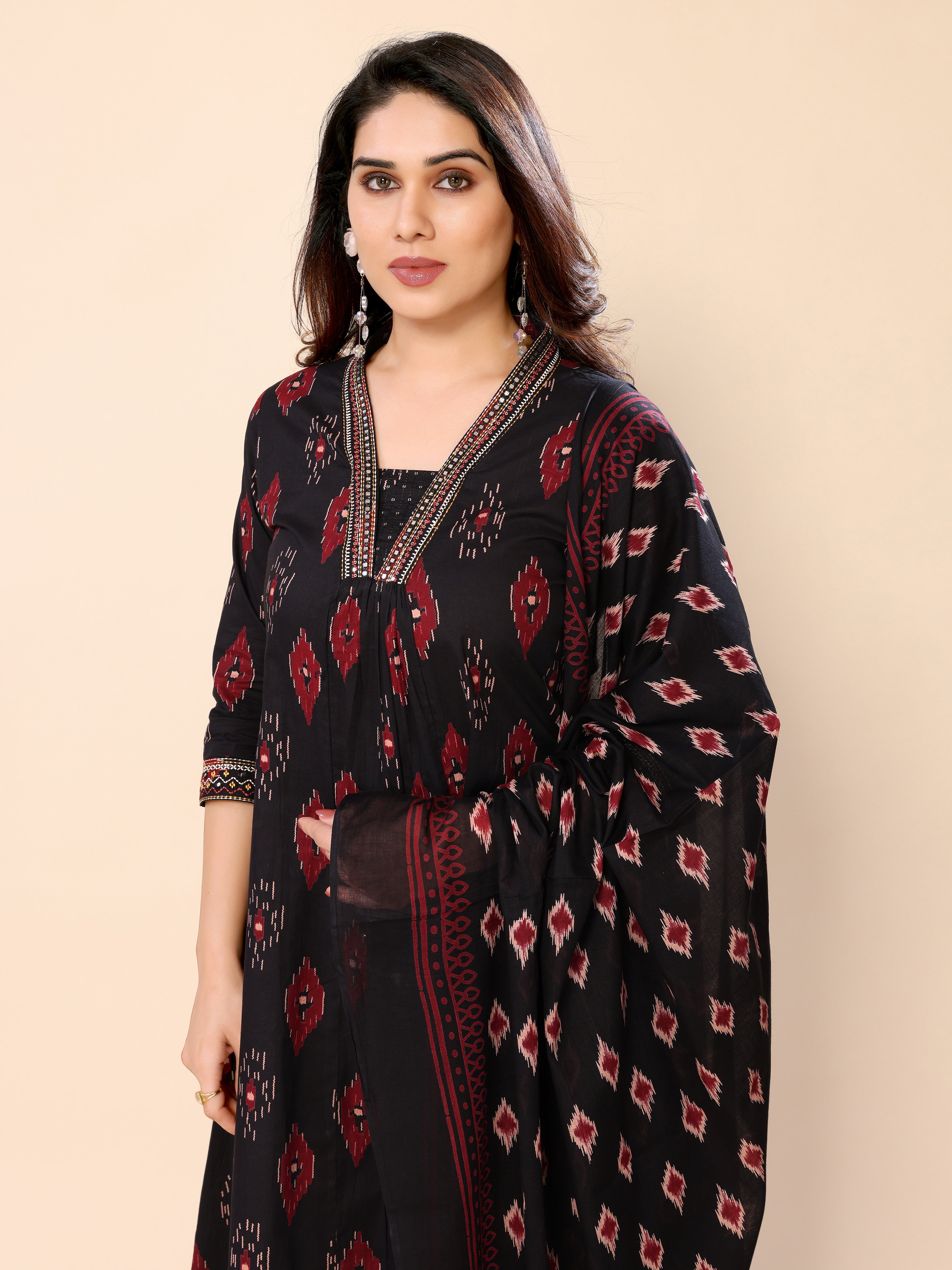 Black Ikat Printed Mul Cotton Long Kurti with Pant and Dupatta set