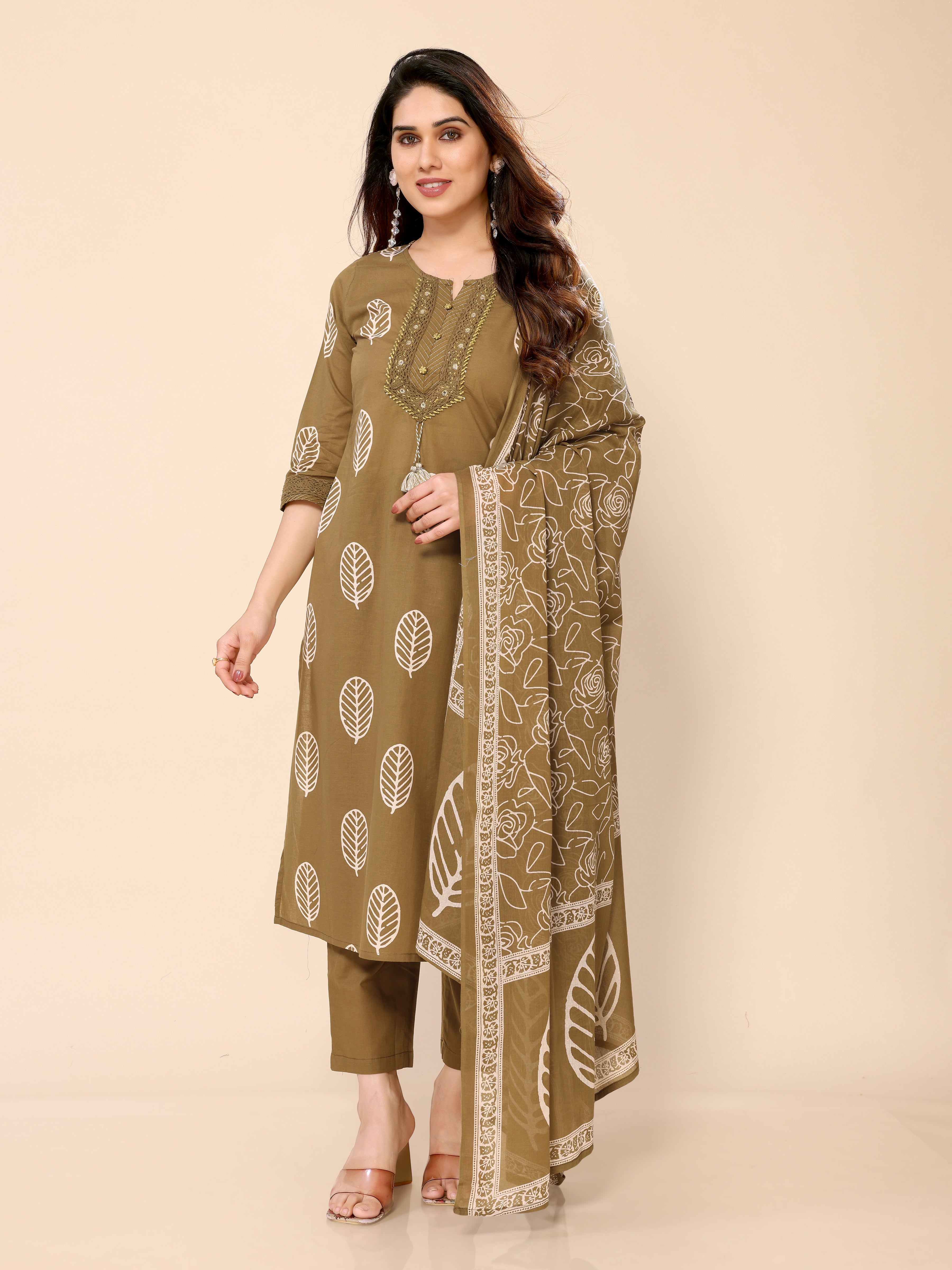Mehendi Green Cotton Printed Kurta Pant & Dupatta Set