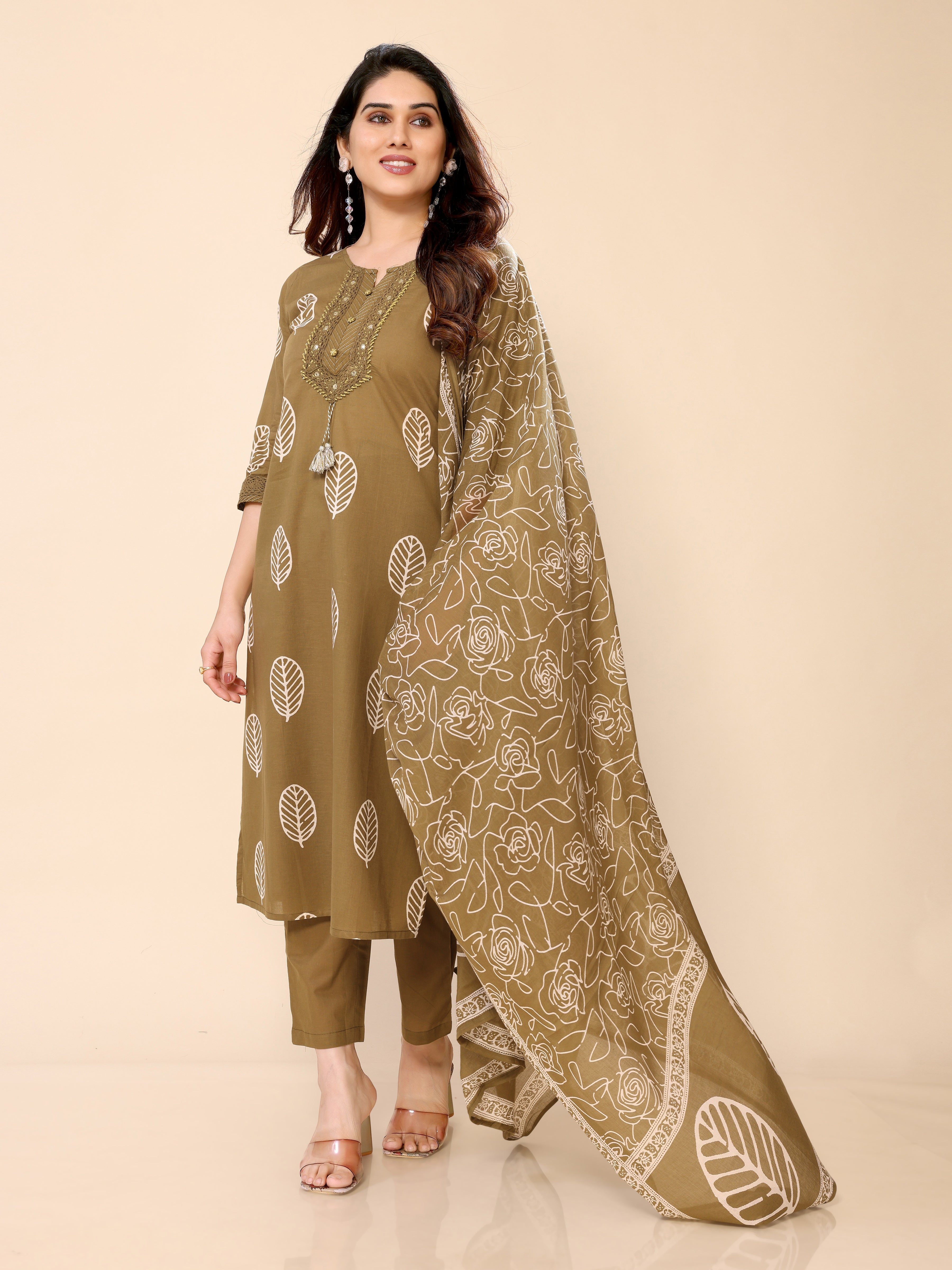 Mehendi Green Cotton Printed Kurta Pant & Dupatta Set
