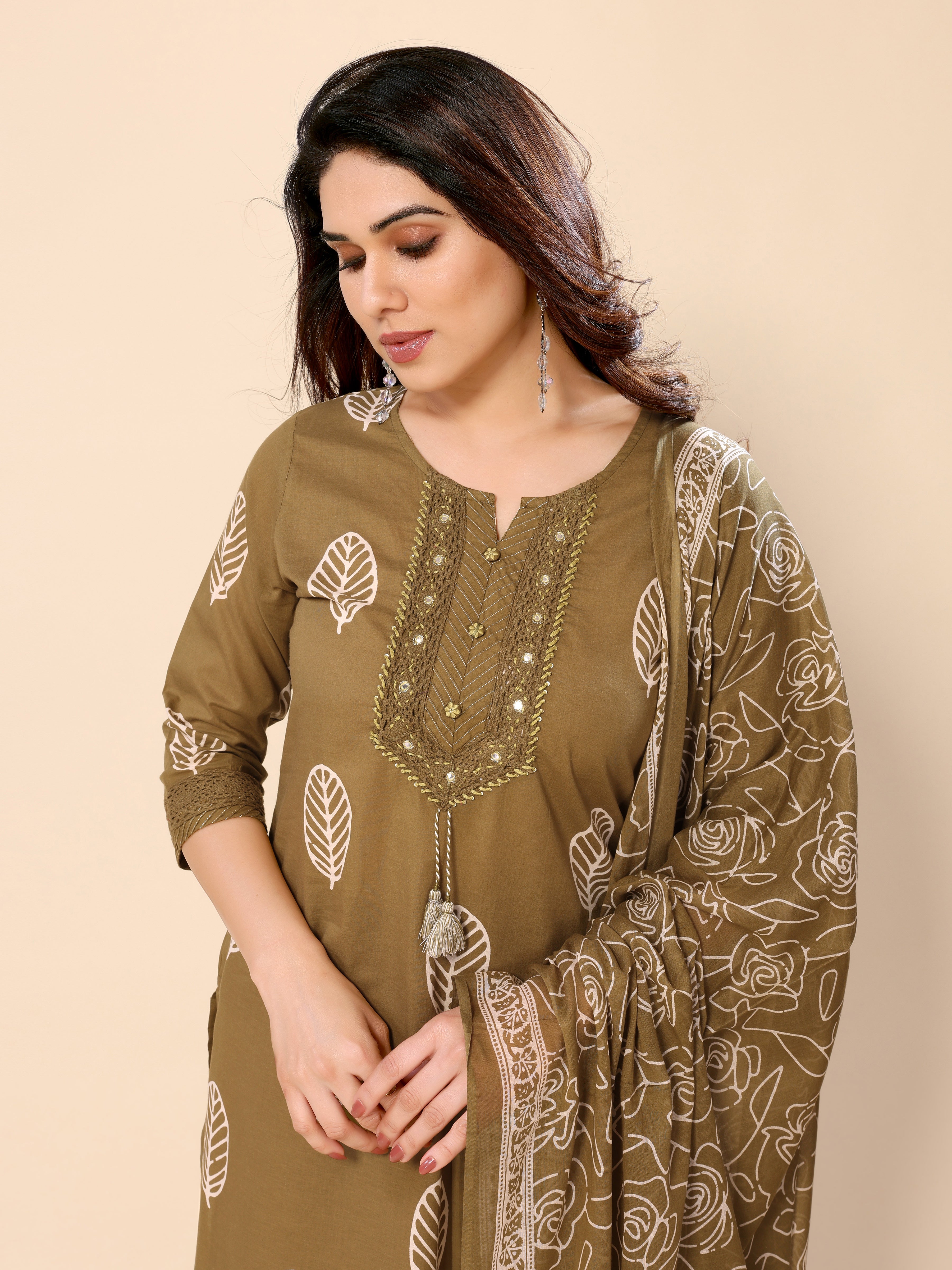 Mehendi Green Cotton Printed Kurta Pant & Dupatta Set
