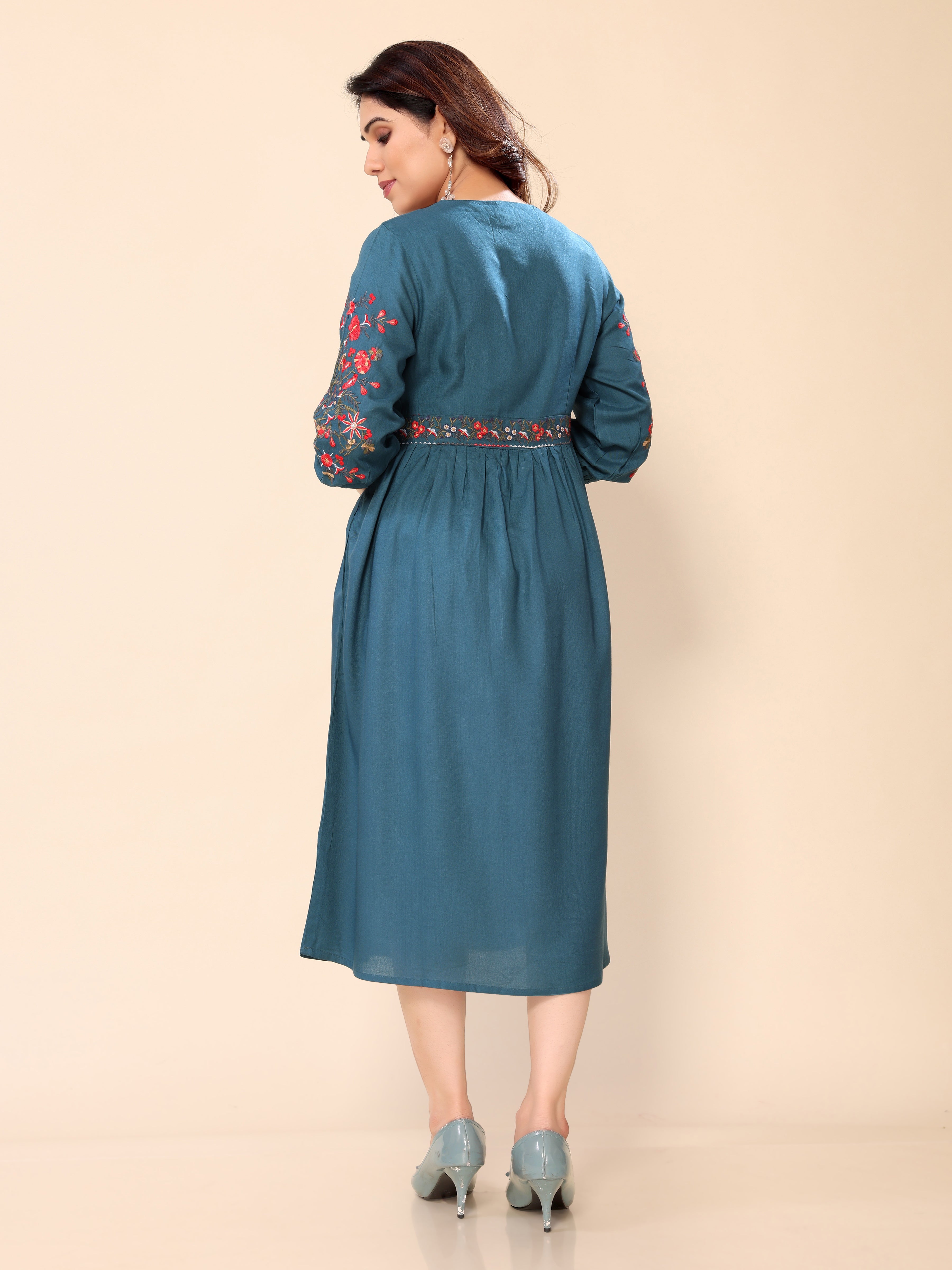 Teal Blue Cotton Floral Embroidery Gown One Piece Dress