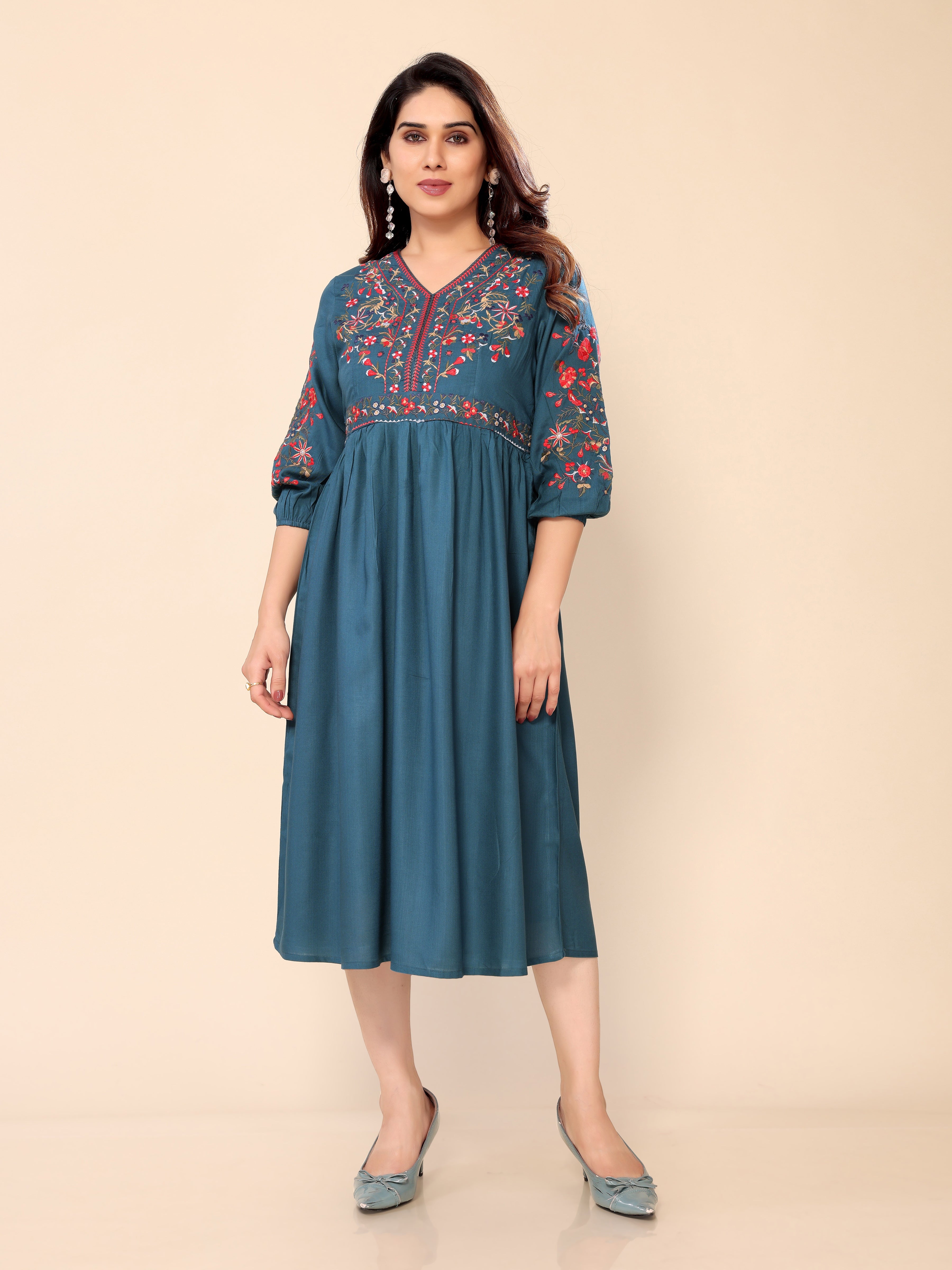 Teal Blue Cotton Floral Embroidery Gown One Piece Dress