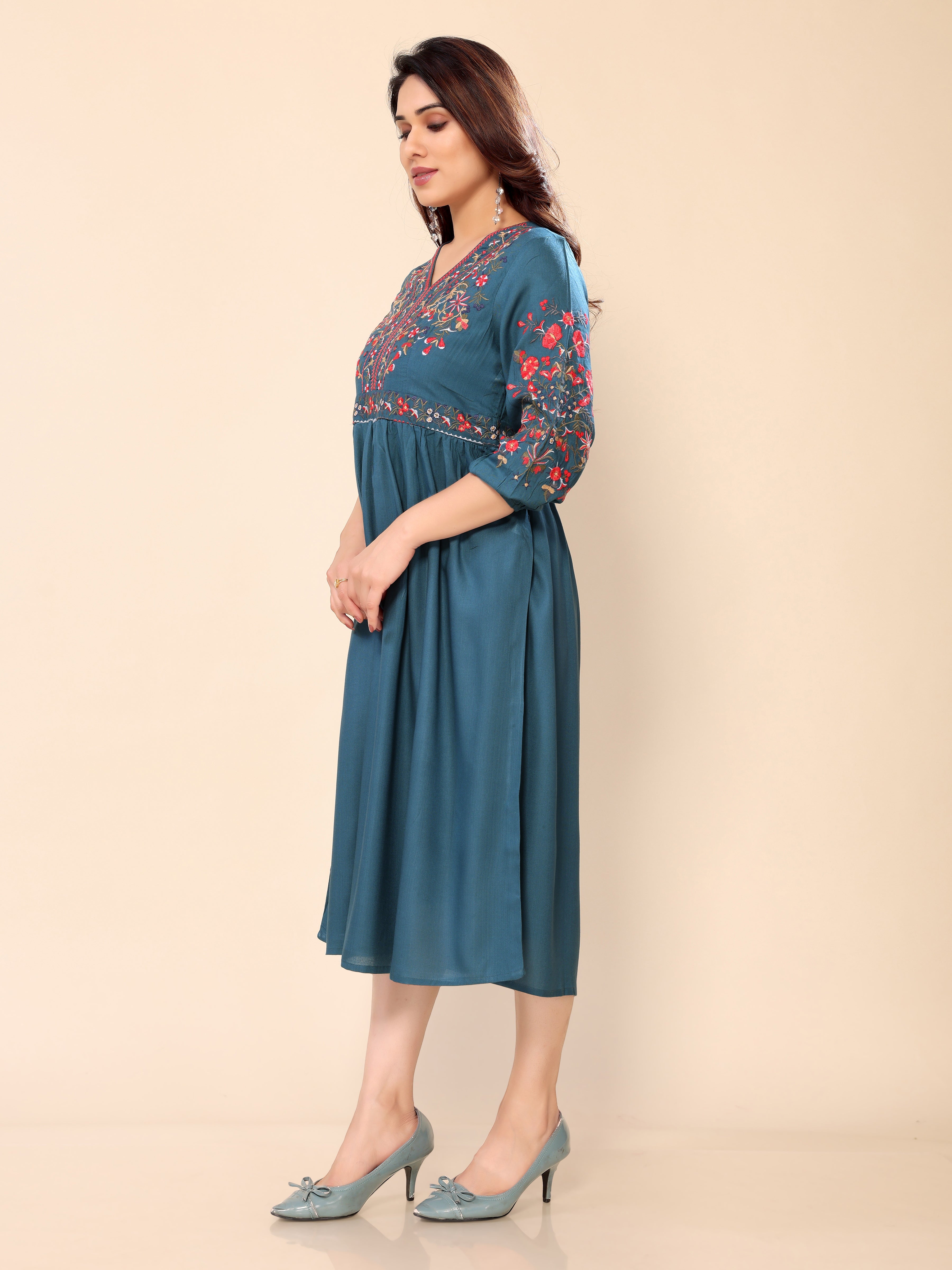 Teal Blue Cotton Floral Embroidery Gown One Piece Dress