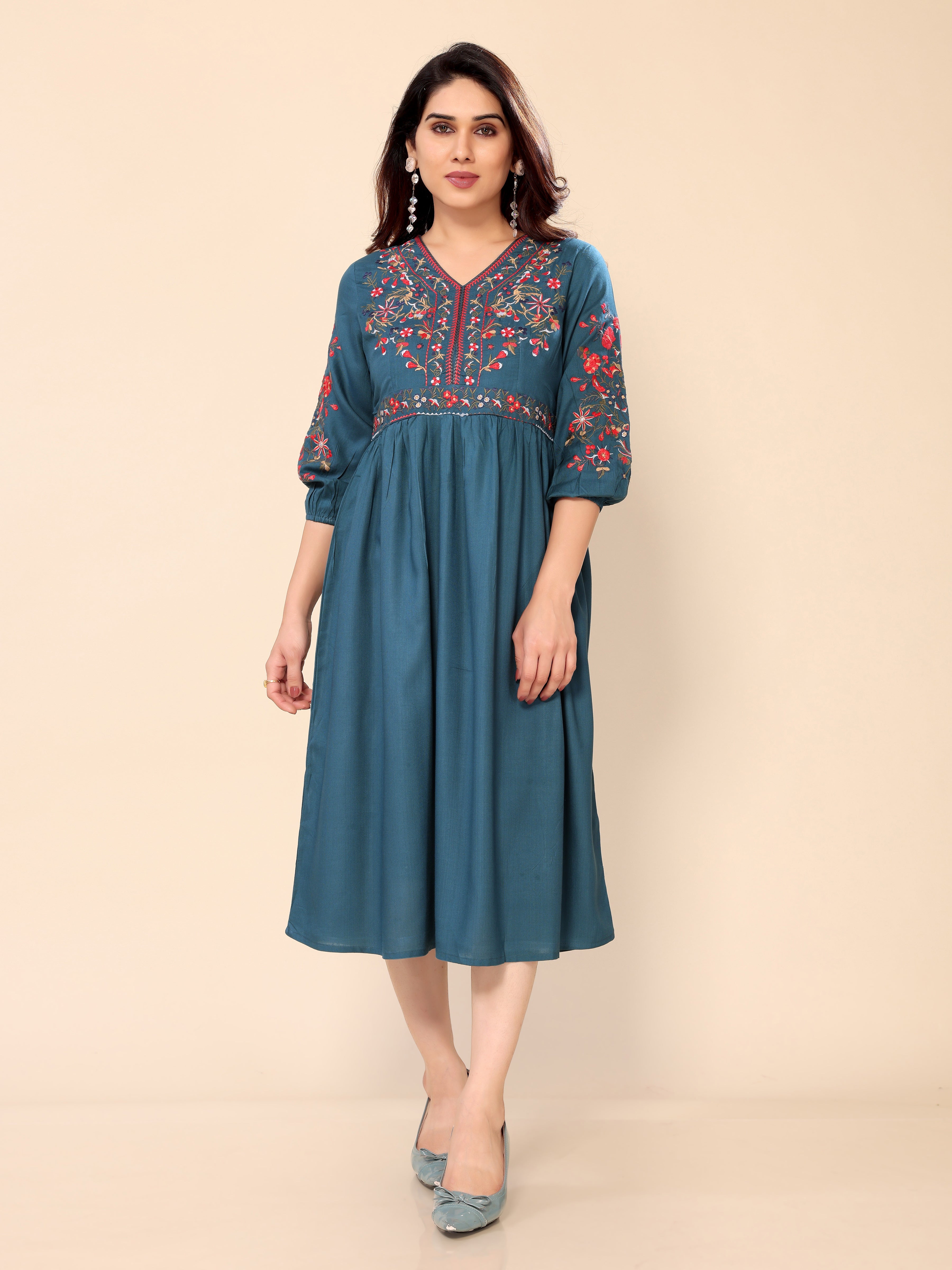 Teal Blue Cotton Floral Embroidery Gown One Piece Dress