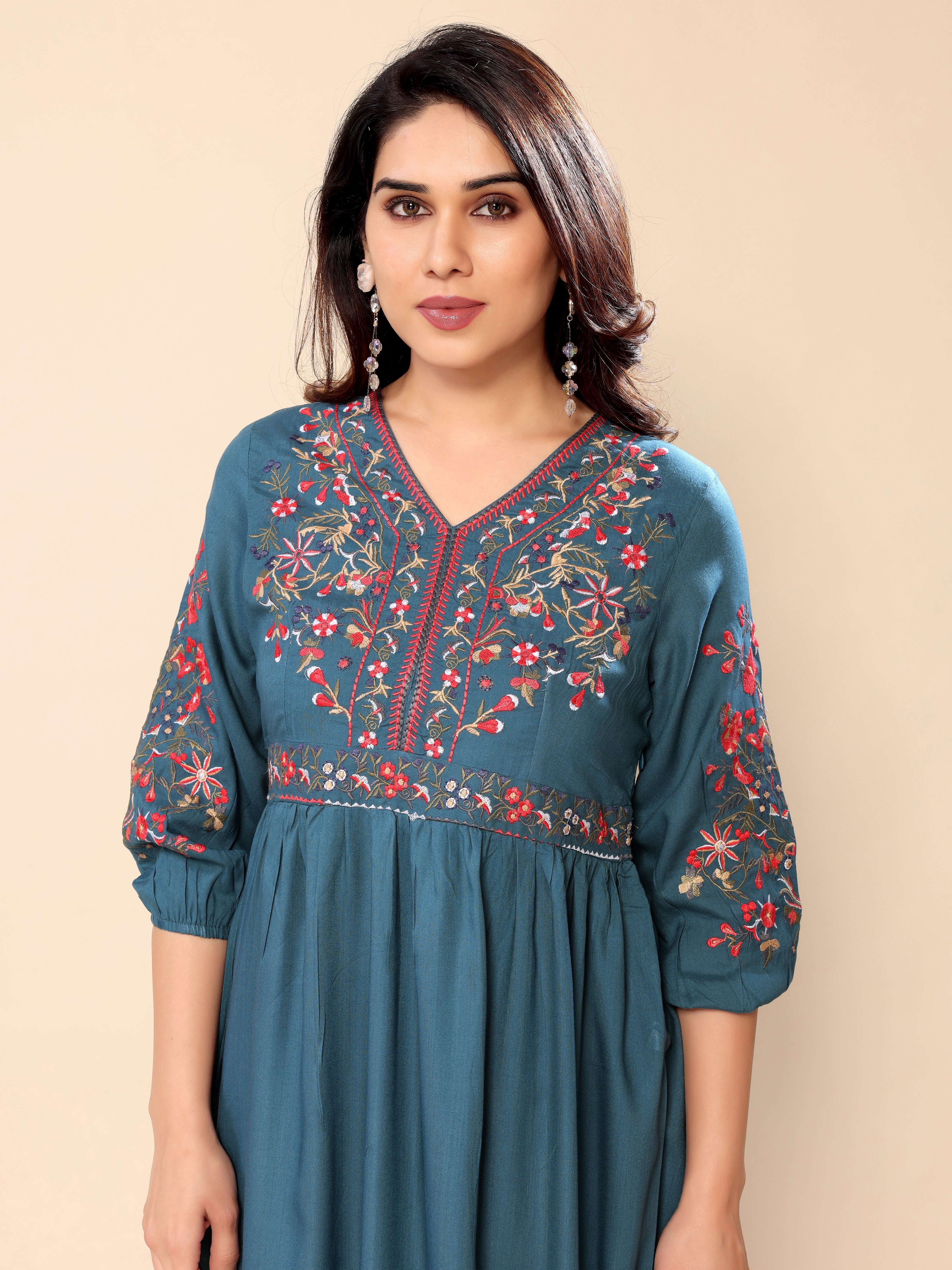 Teal Blue Cotton Floral Embroidery Gown One Piece Dress