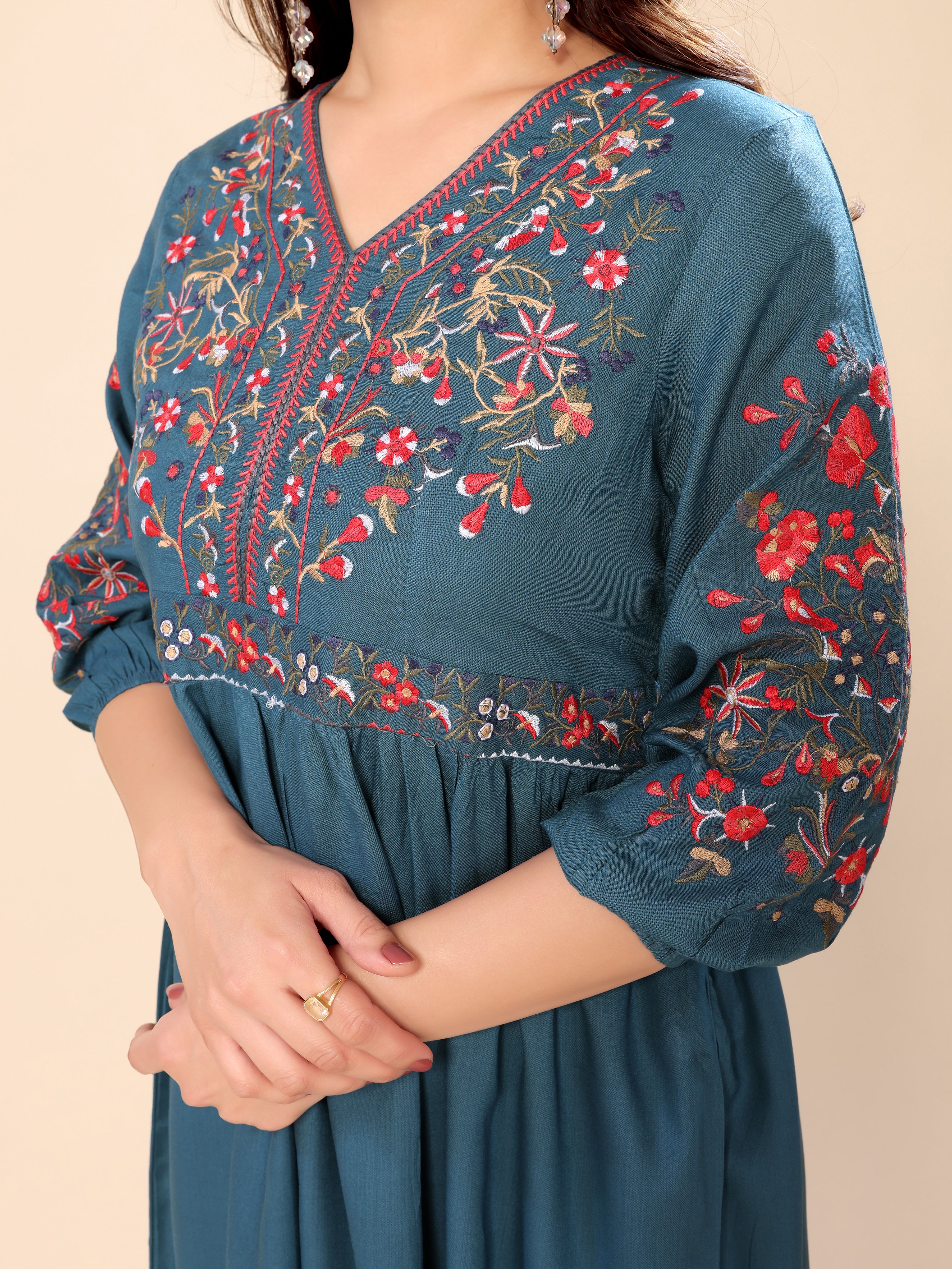 Teal Blue Cotton Floral Embroidery Gown One Piece Dress