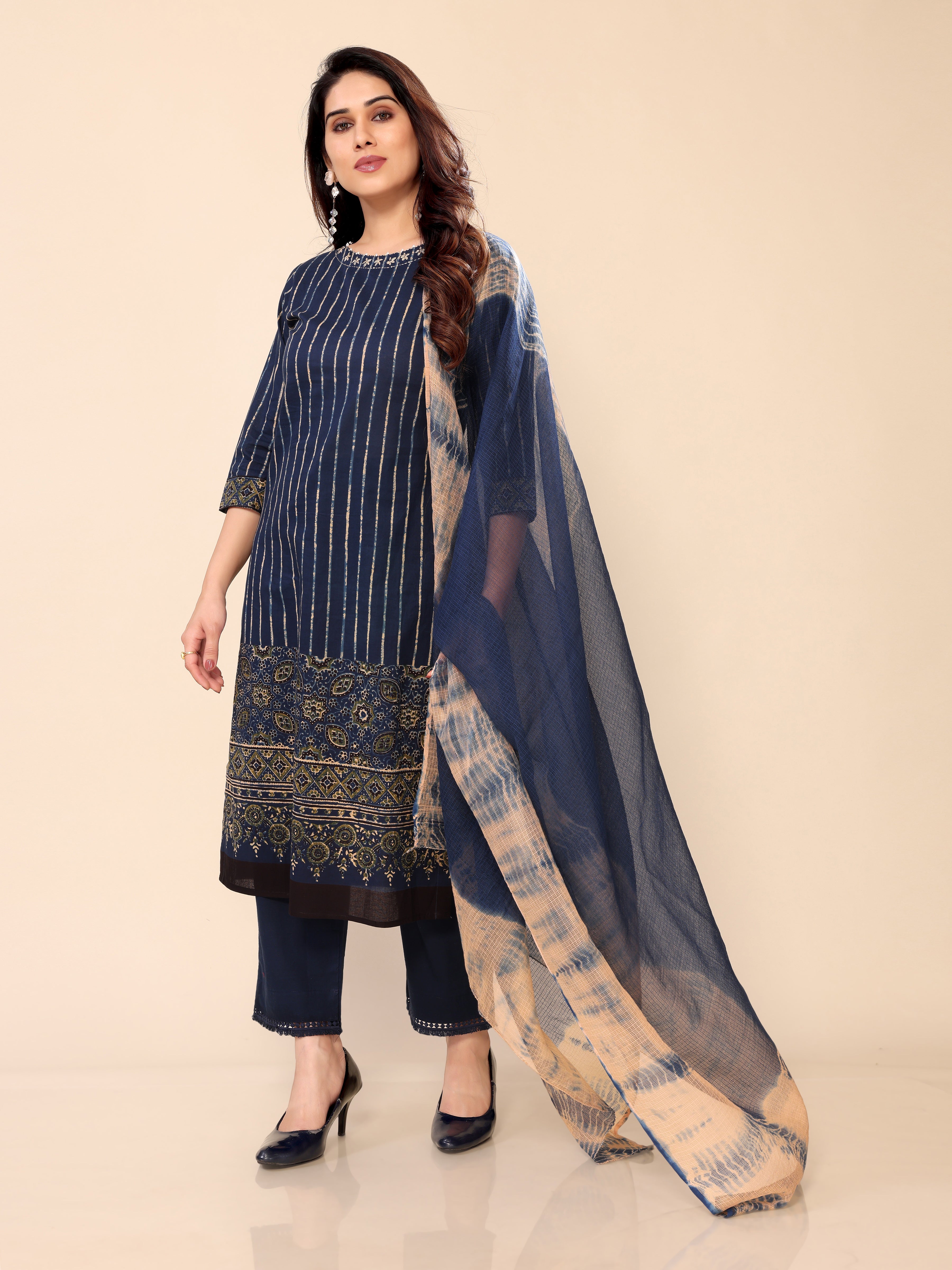 Blue Ethnic Print Straight Kurti with Pants and Dupatta Set