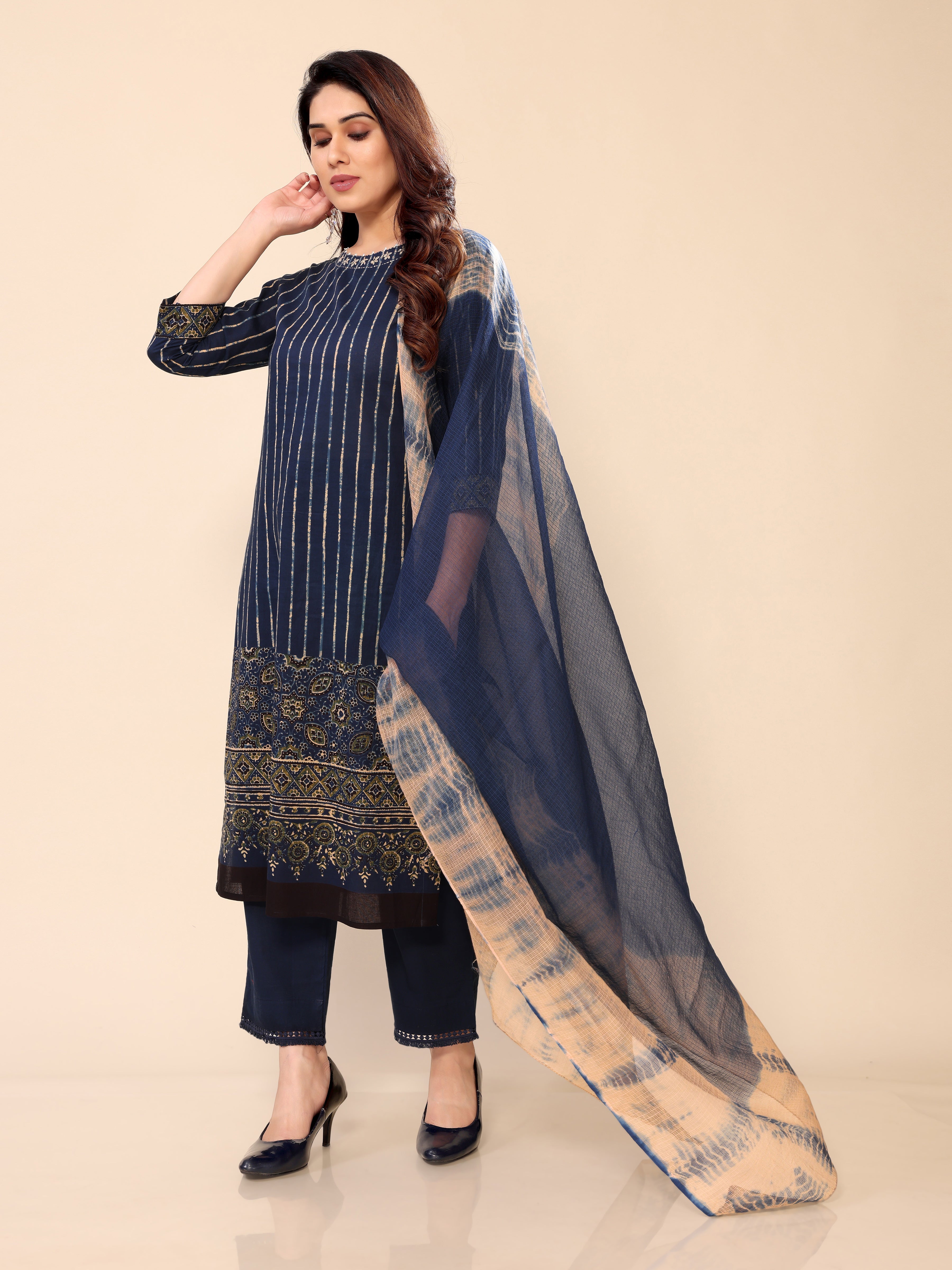 Blue Ethnic Print Straight Kurti with Pants and Dupatta Set