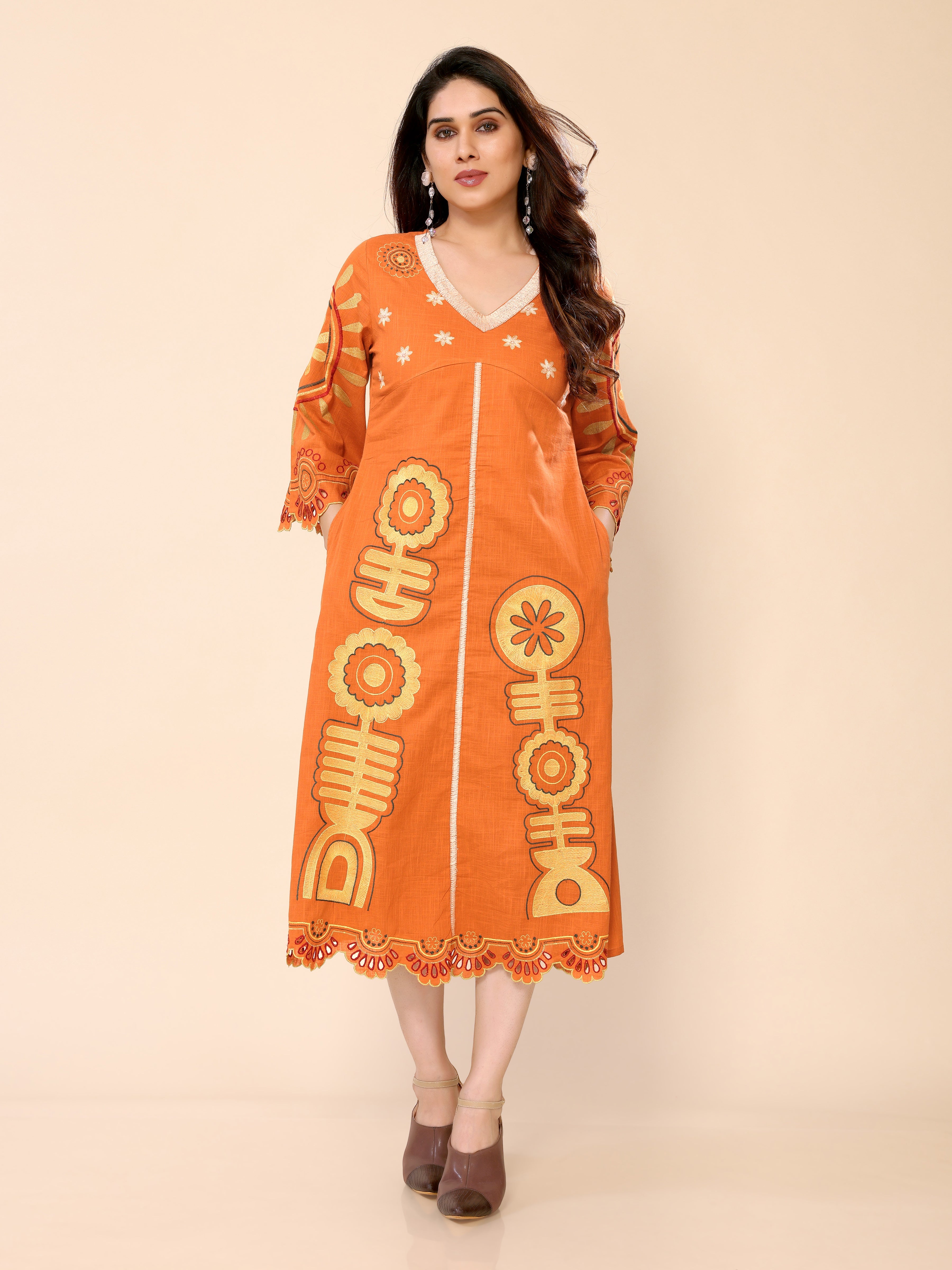 Orange Abstract Floral Embroidery Cotton Gown One Piece Dress