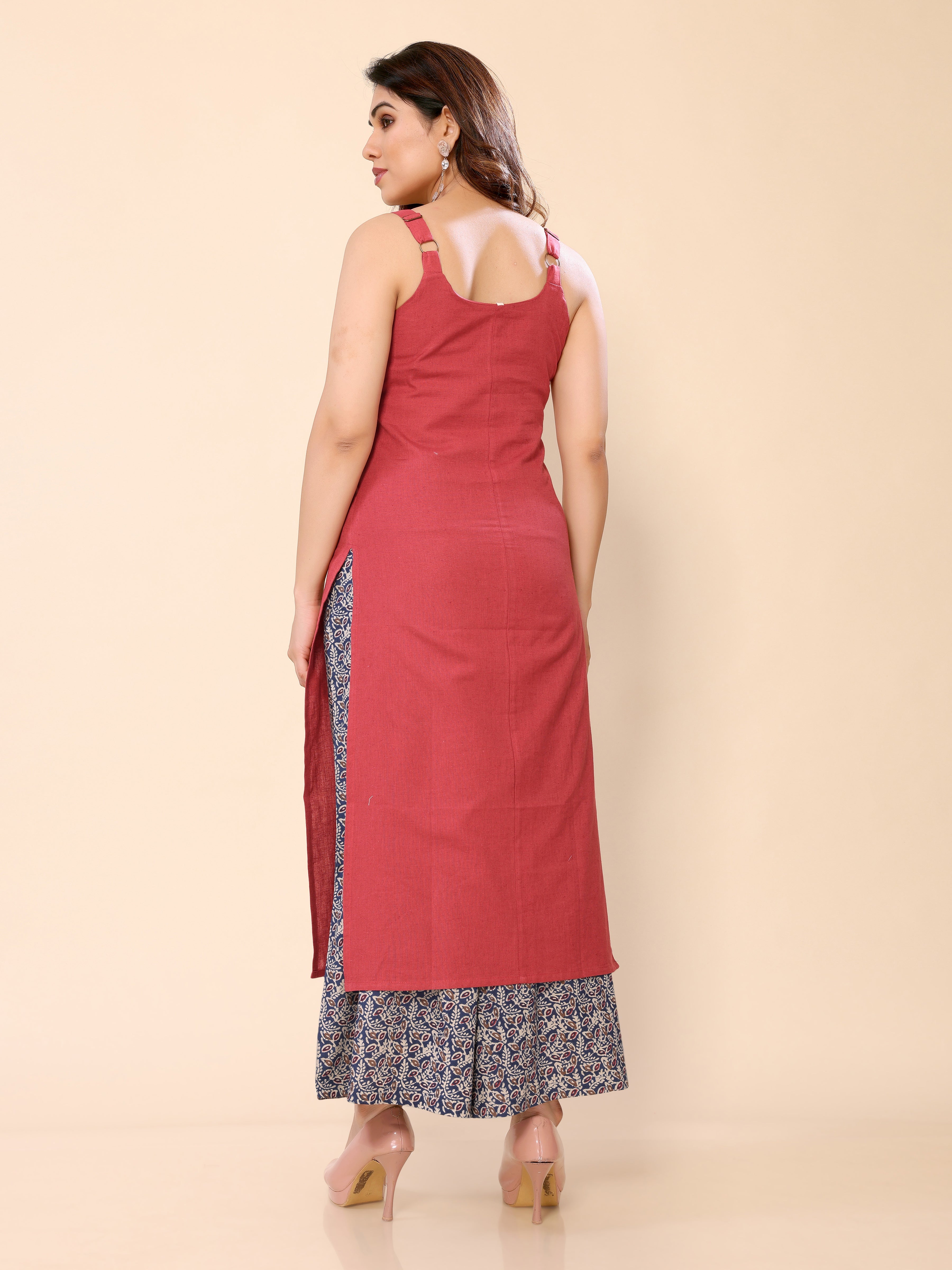 Red Sleveeless Modern Kurti Palazzo Set in Cotton