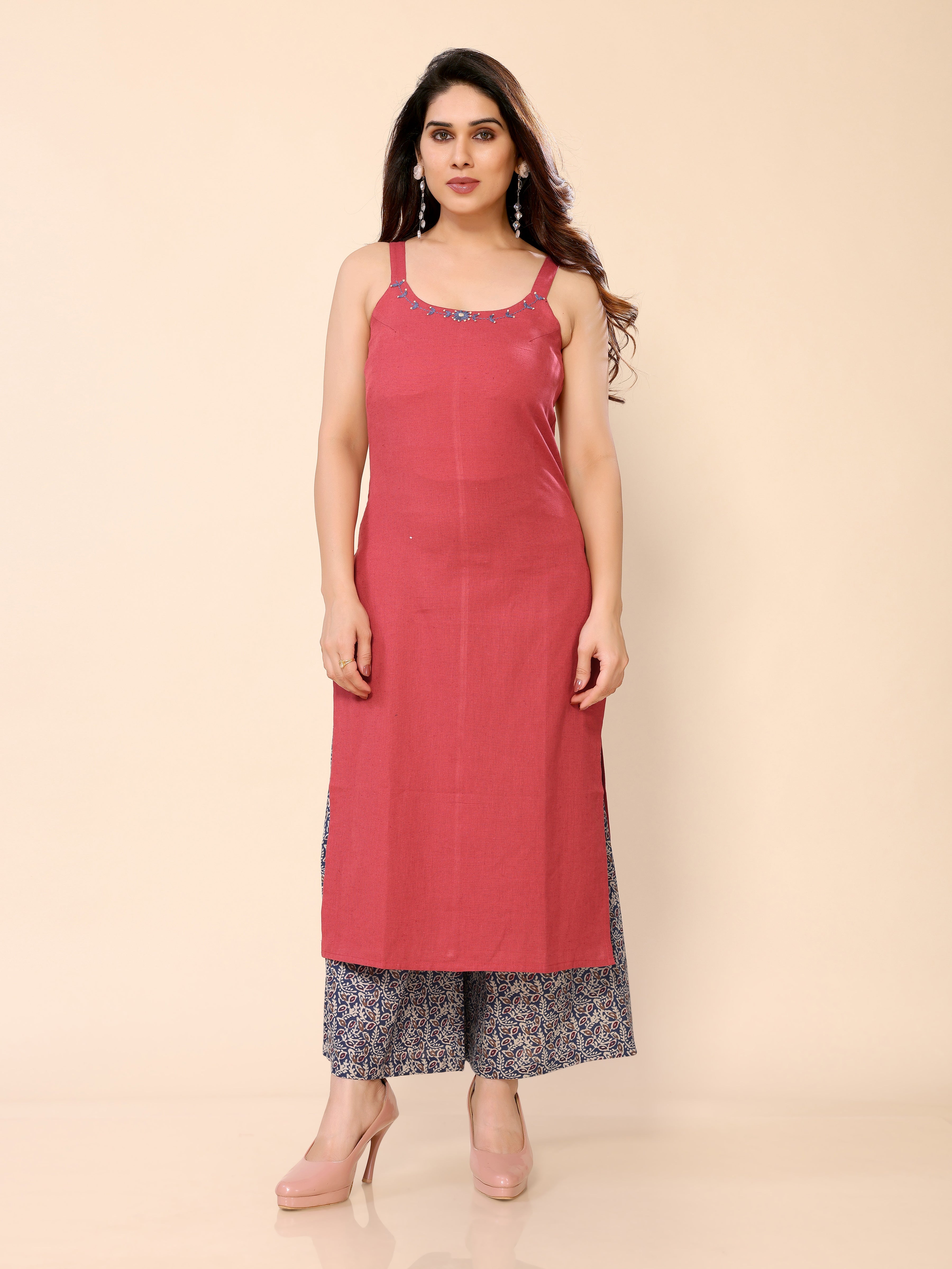 Red Sleveeless Modern Kurti Palazzo Set in Cotton