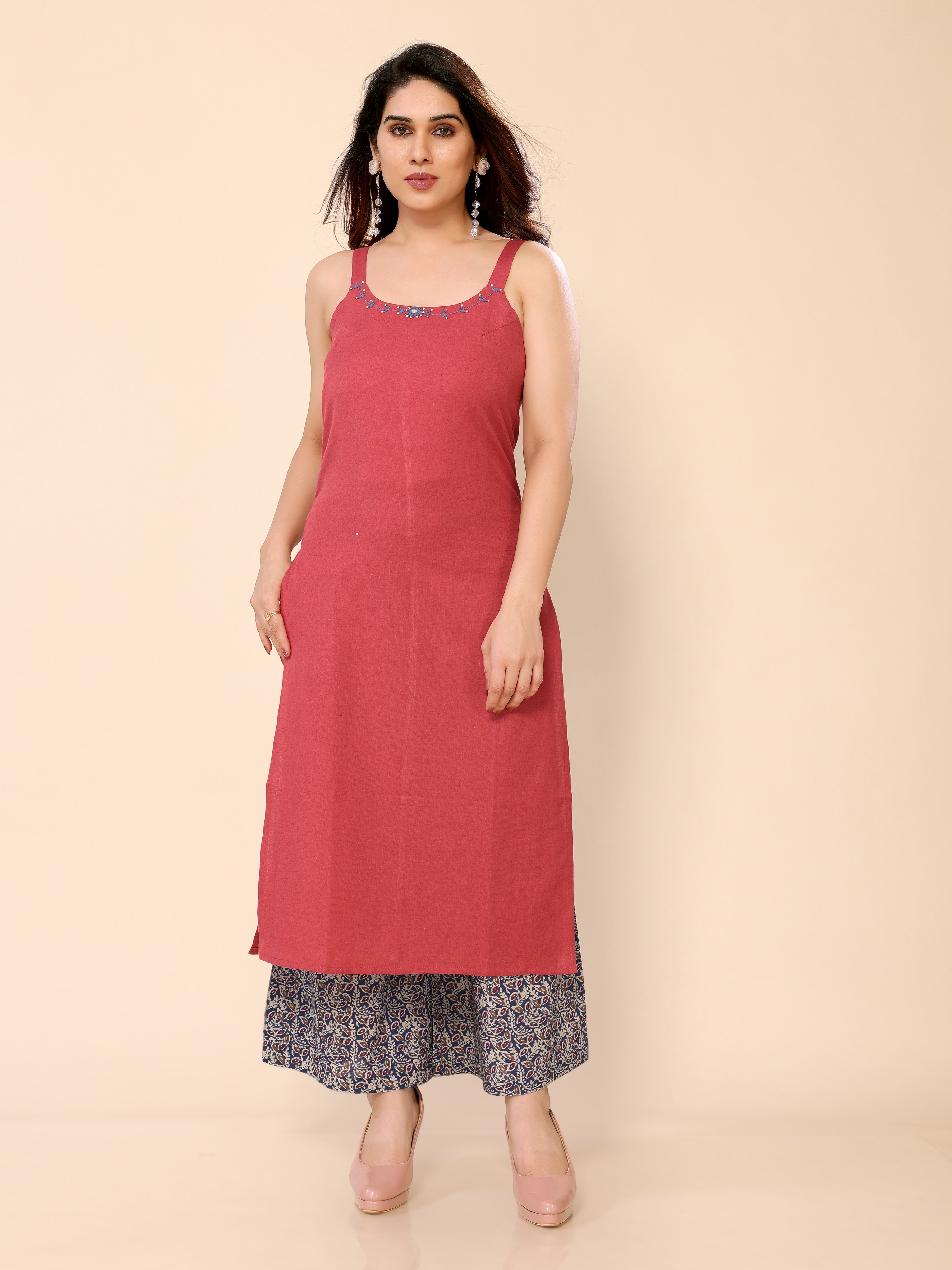 Red Sleveeless Modern Kurti Palazzo Set in Cotton