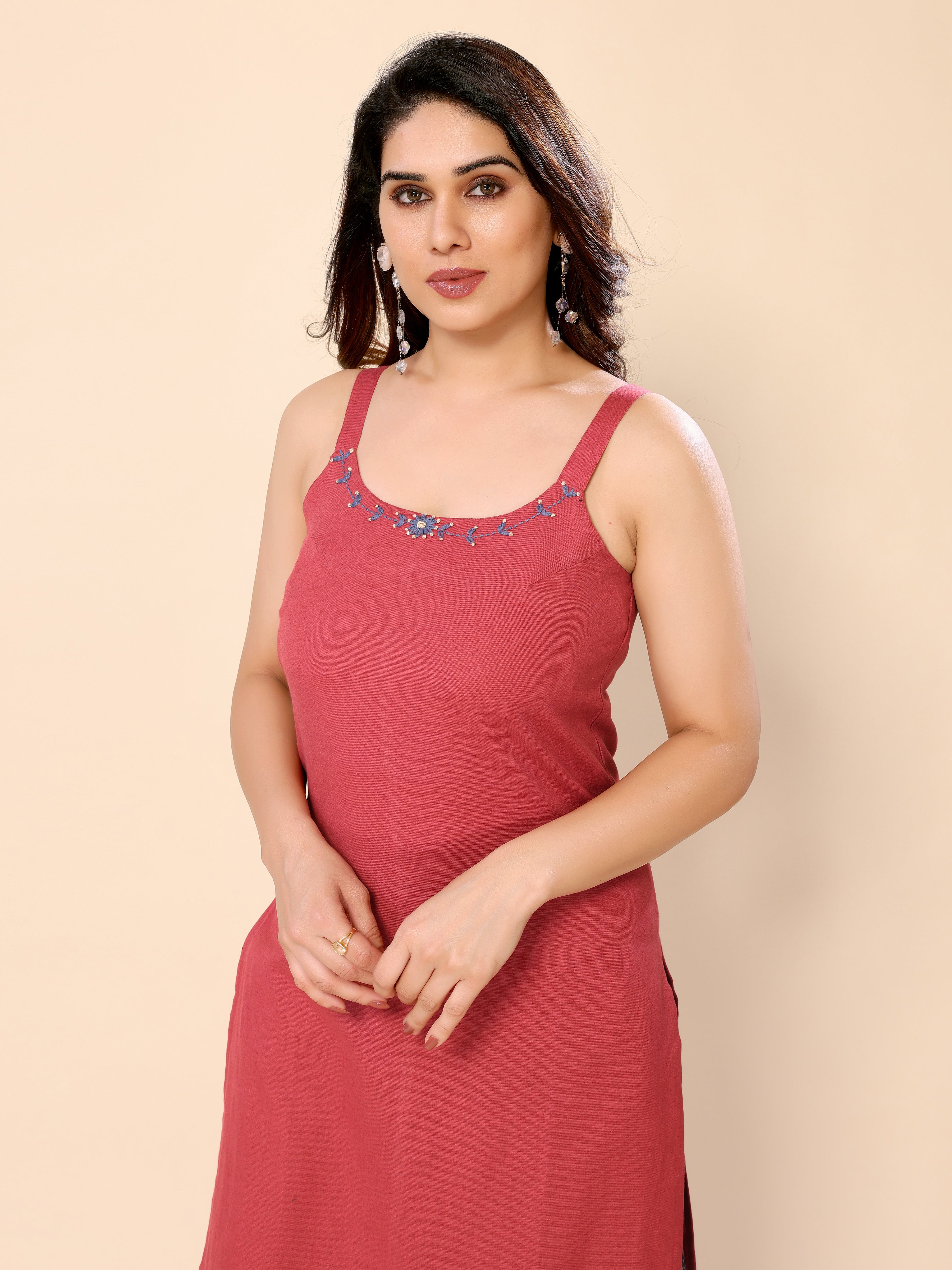 Red Sleveeless Modern Kurti Palazzo Set in Cotton