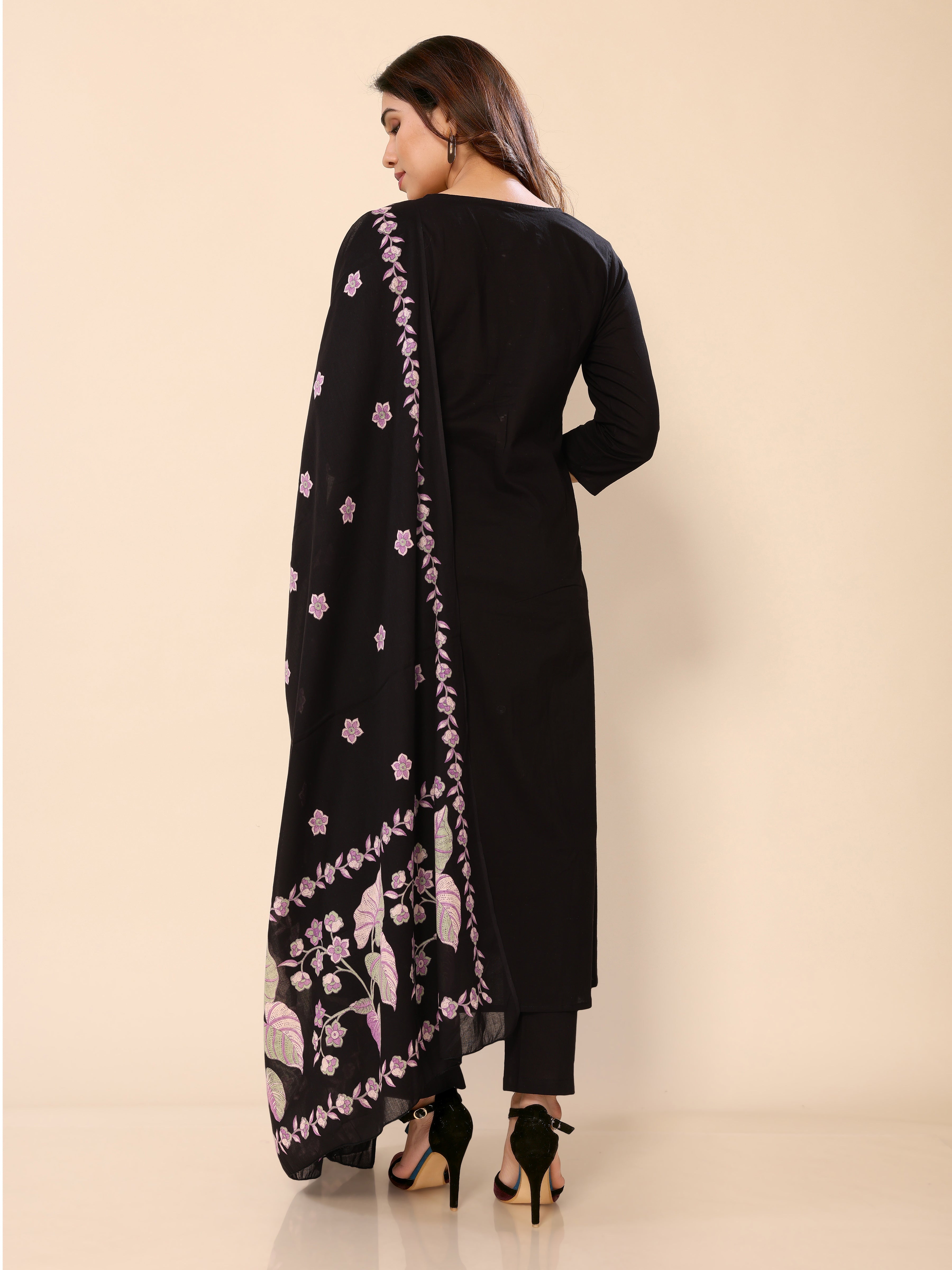 Black Floral Embroidery Cotton Angrakha Style Kurta Pant Dupatta Set