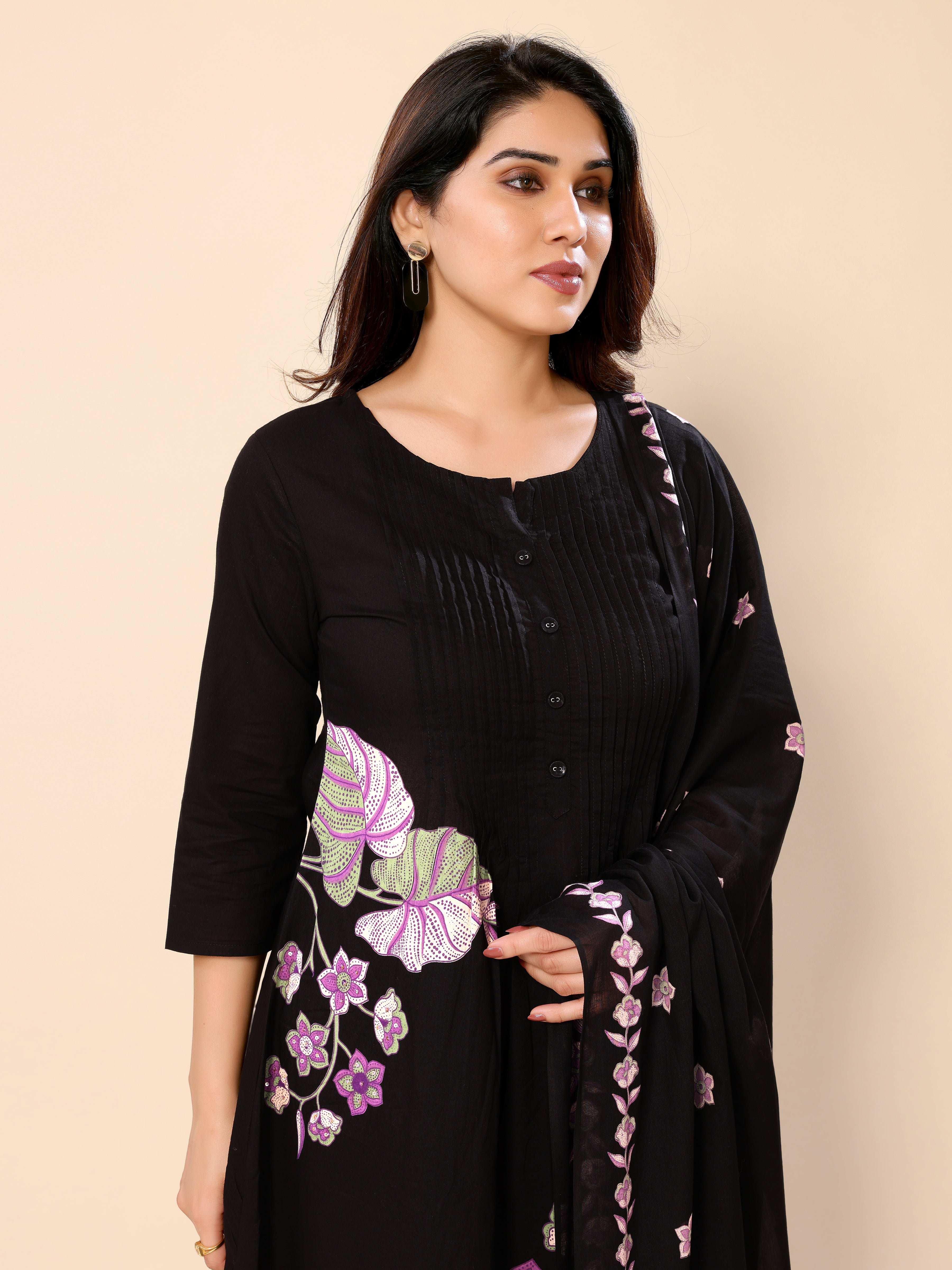Black Floral Embroidery Cotton Angrakha Style Kurta Pant Dupatta Set