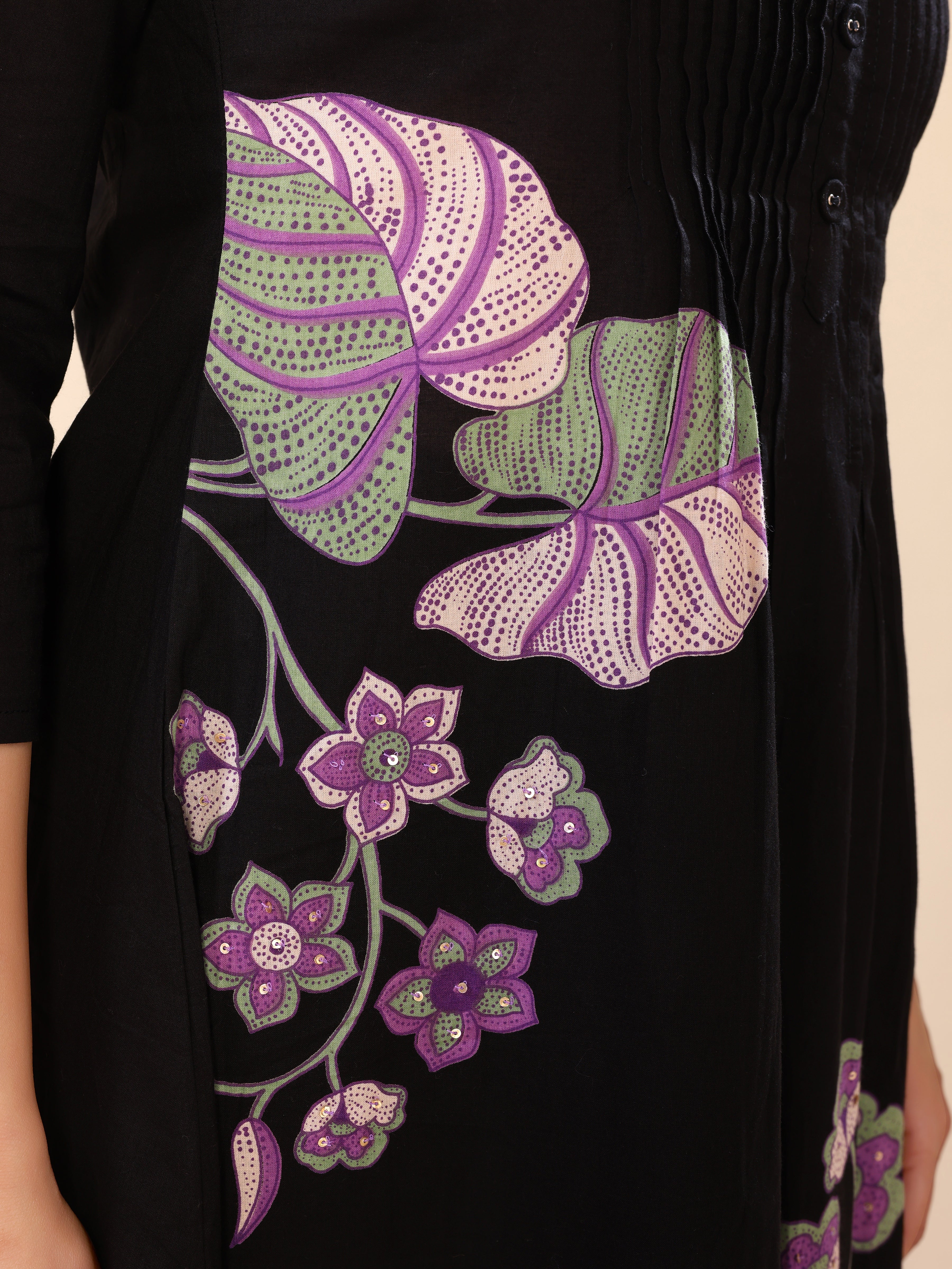 Black Floral Embroidery Cotton Angrakha Style Kurta Pant Dupatta Set