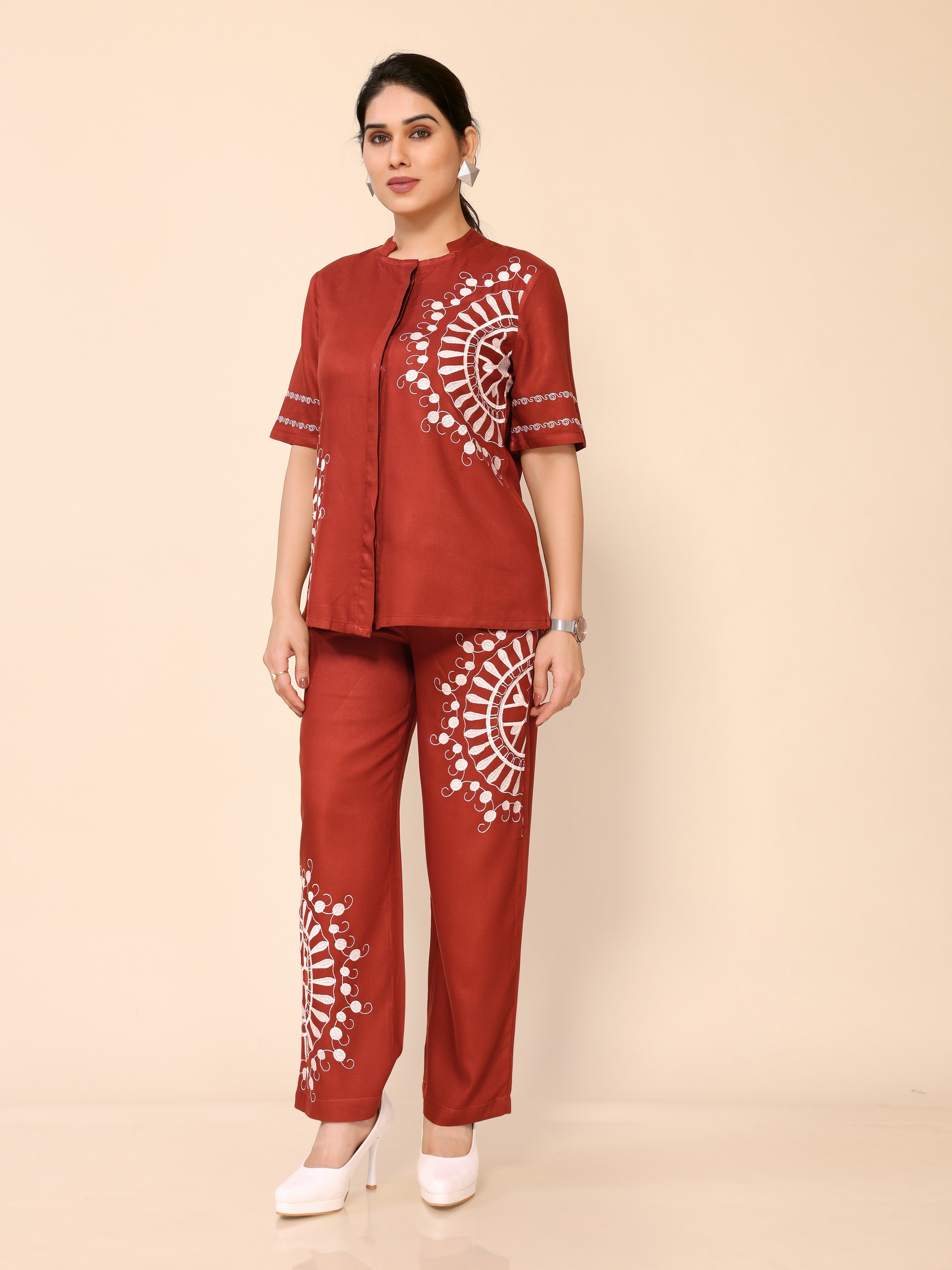 Orangey Red Embroidery Cotton Co-ords Set