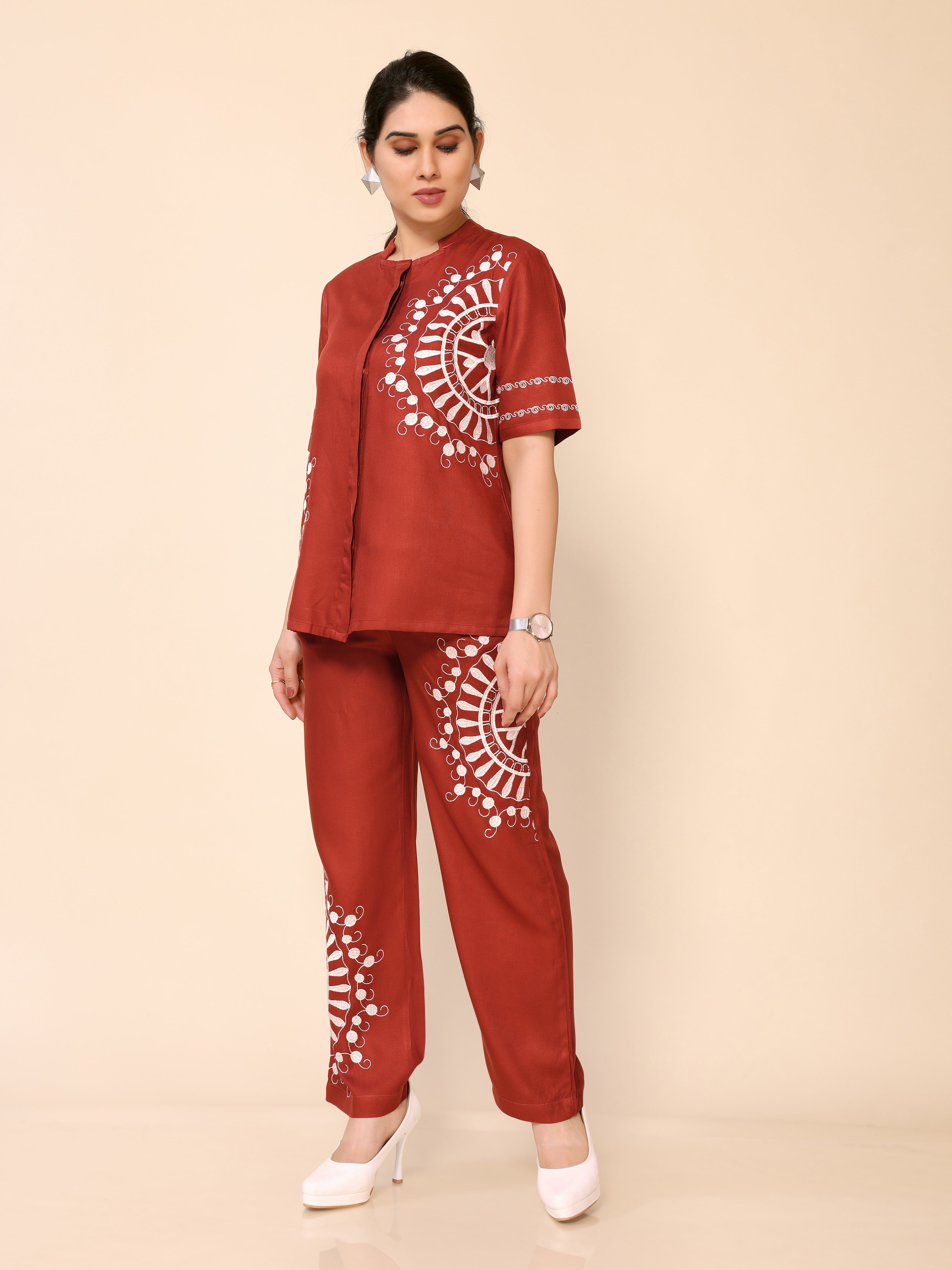 Orangey Red Embroidery Cotton Co-ords Set