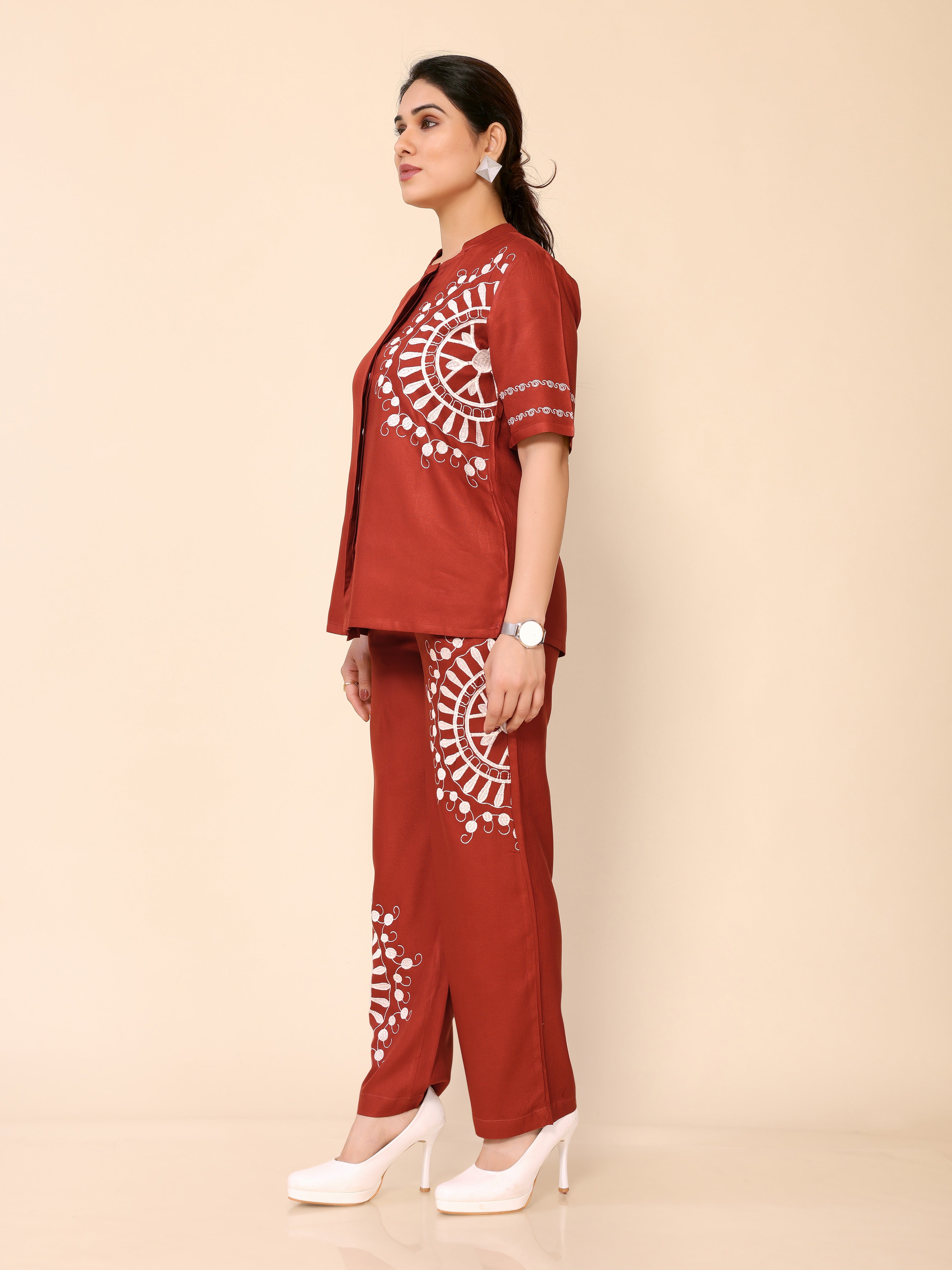 Orangey Red Embroidery Cotton Co-ords Set