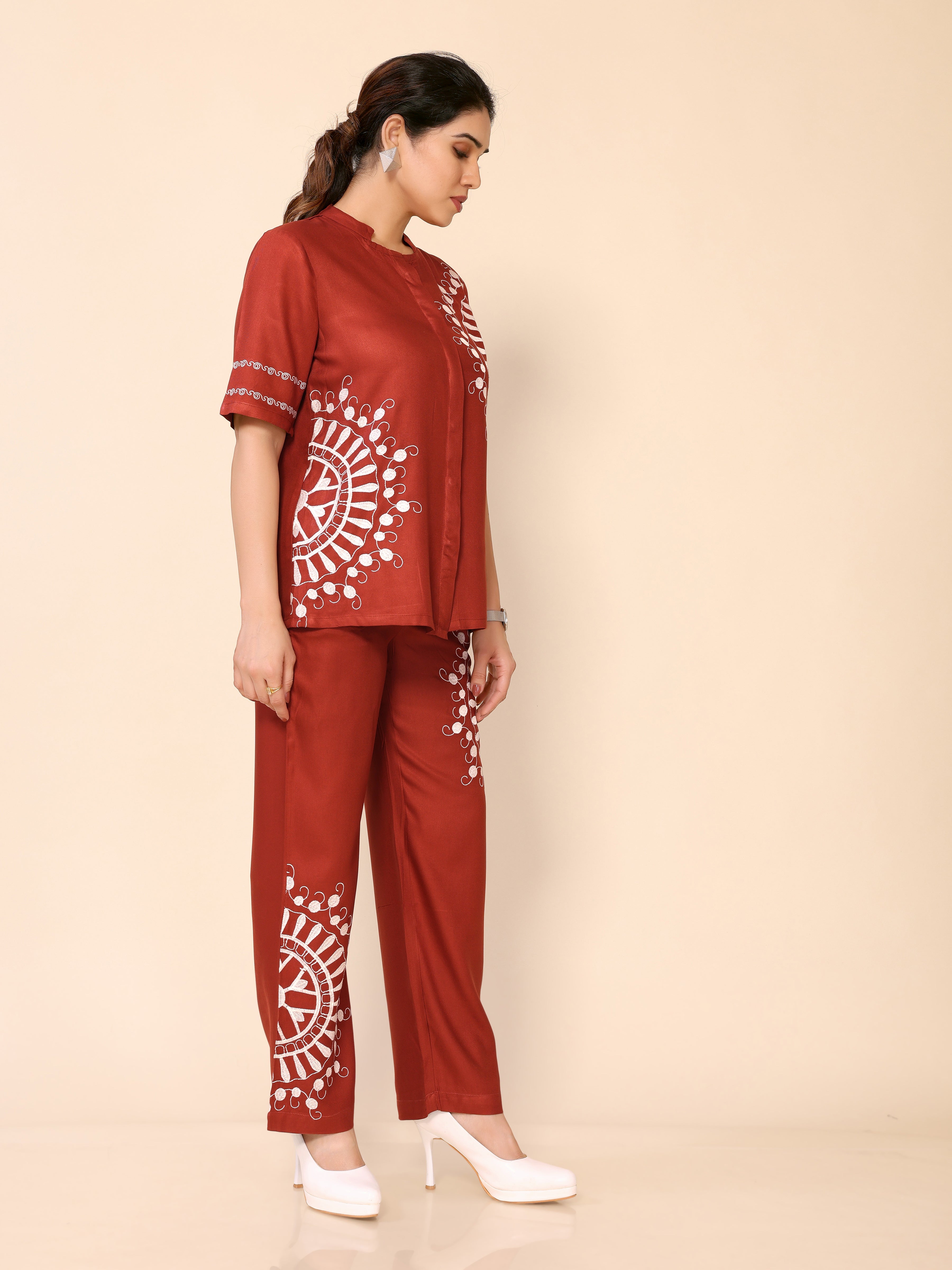 Orangey Red Embroidery Cotton Co-ords Set