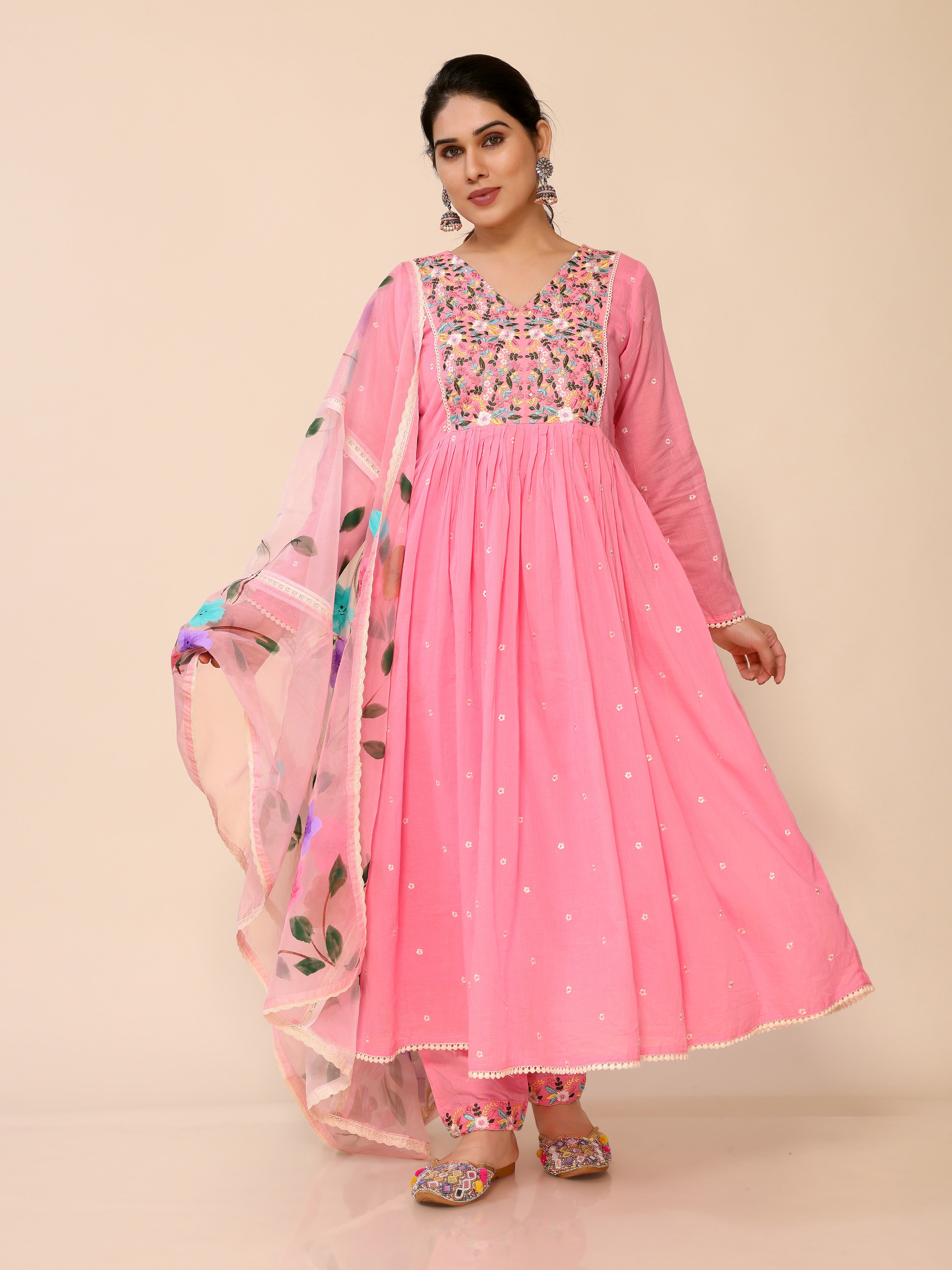 Pink Flared Floral Embroidery Printed Kurta Pant & Dupatta Set