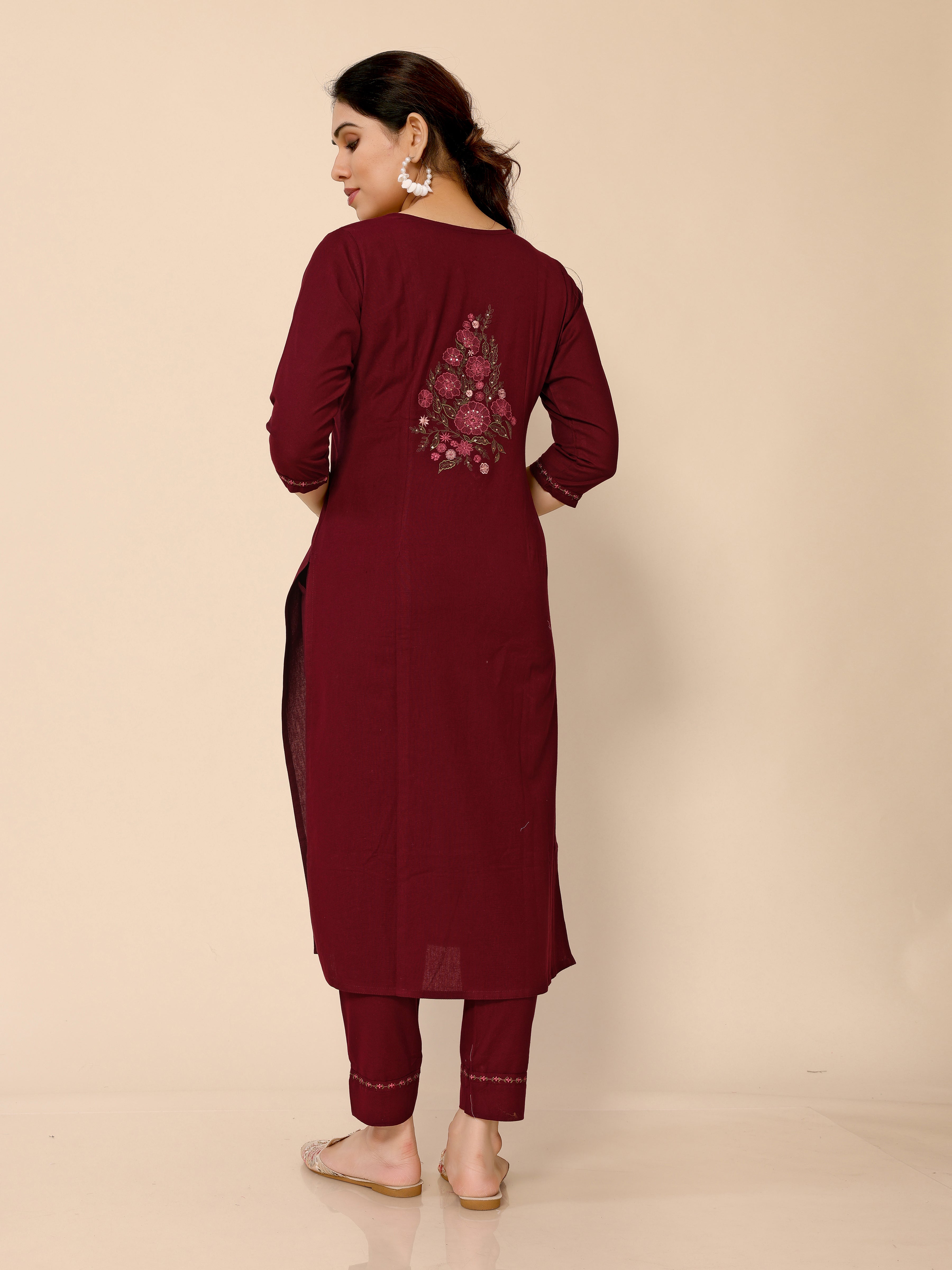 Maroon Floral Embroidery Cotton Kurta with Trouser Pant
